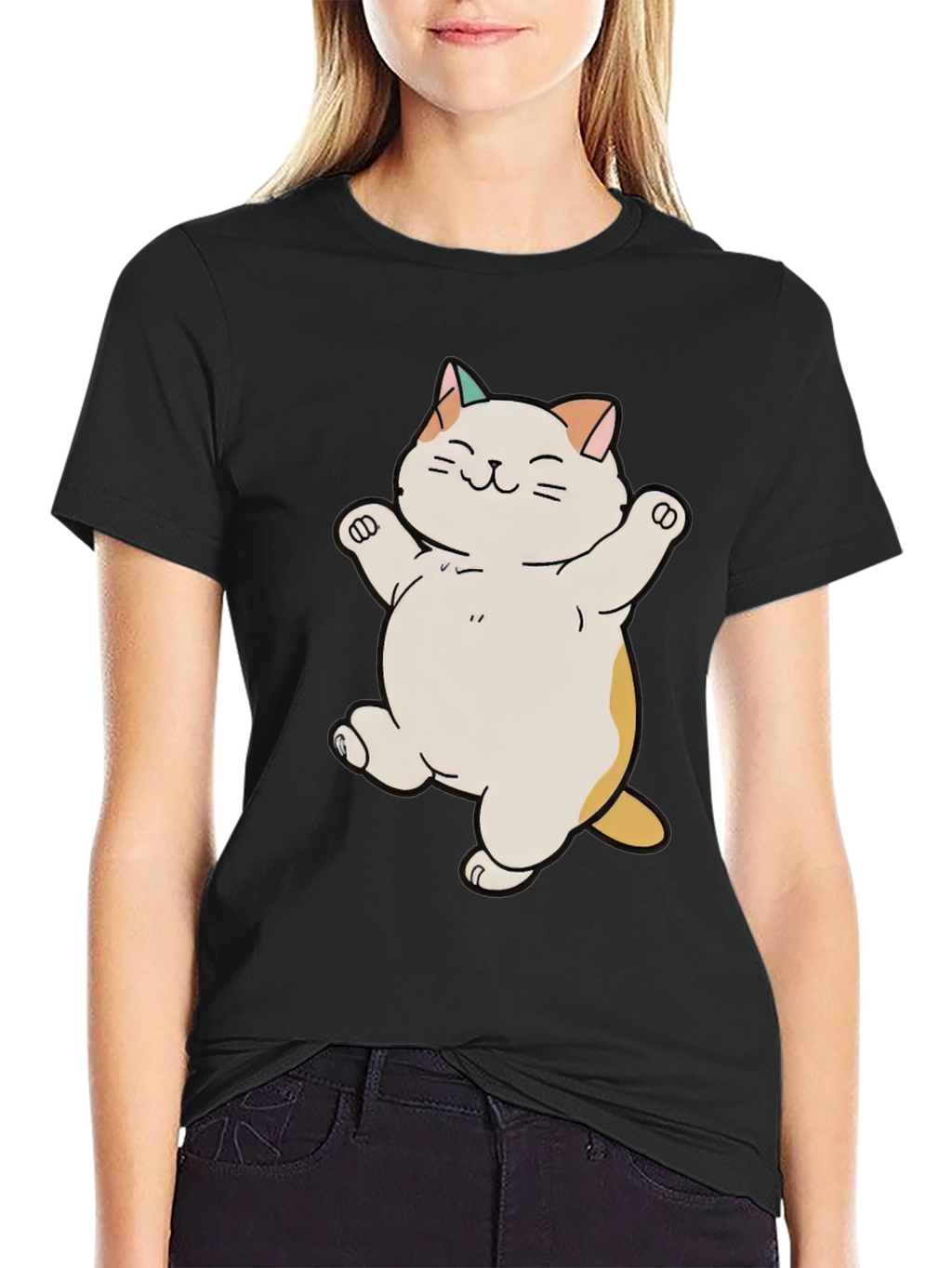 Cute Cat Cartoon Black T-Shirt