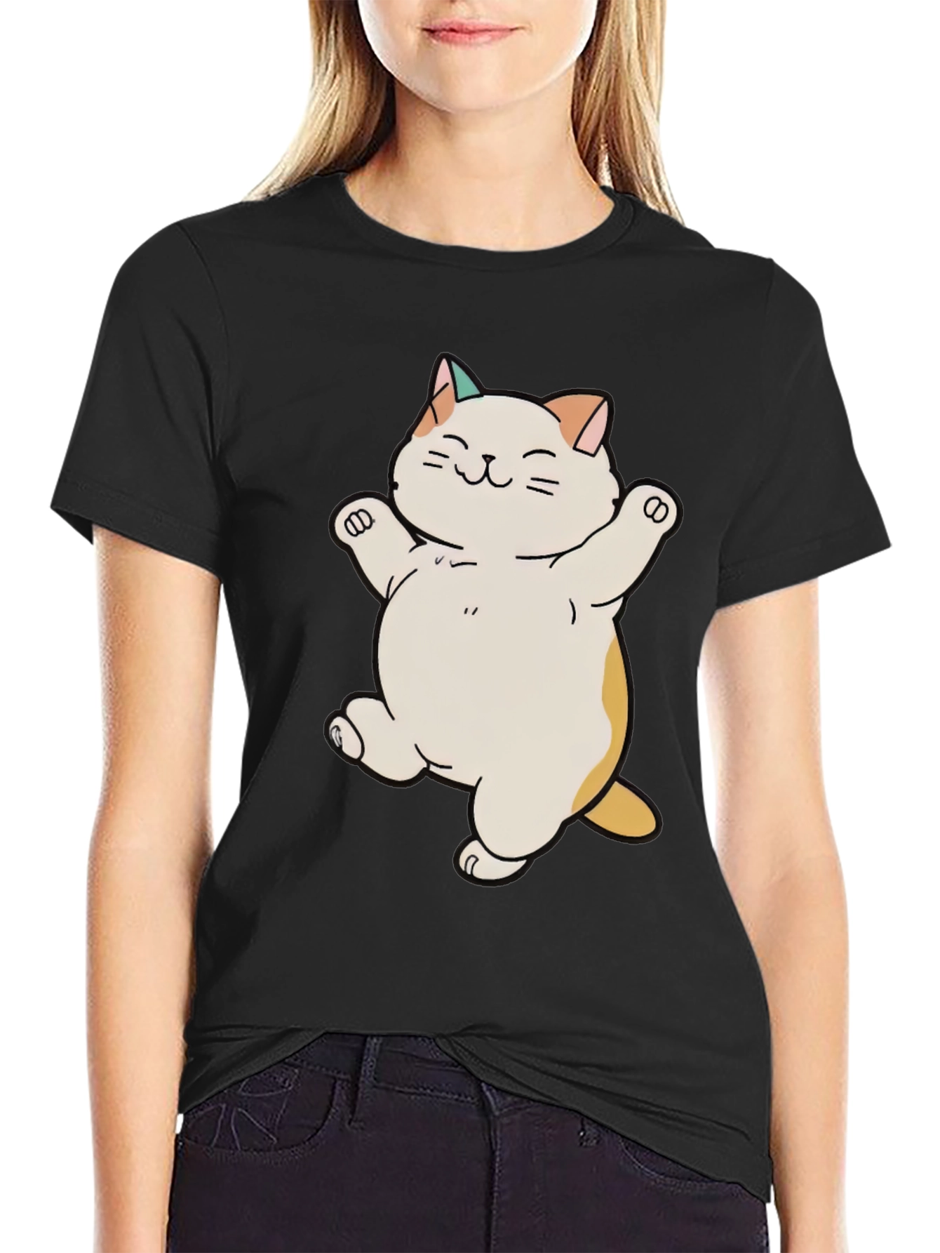 Cute Cat Cartoon Black T-Shirt