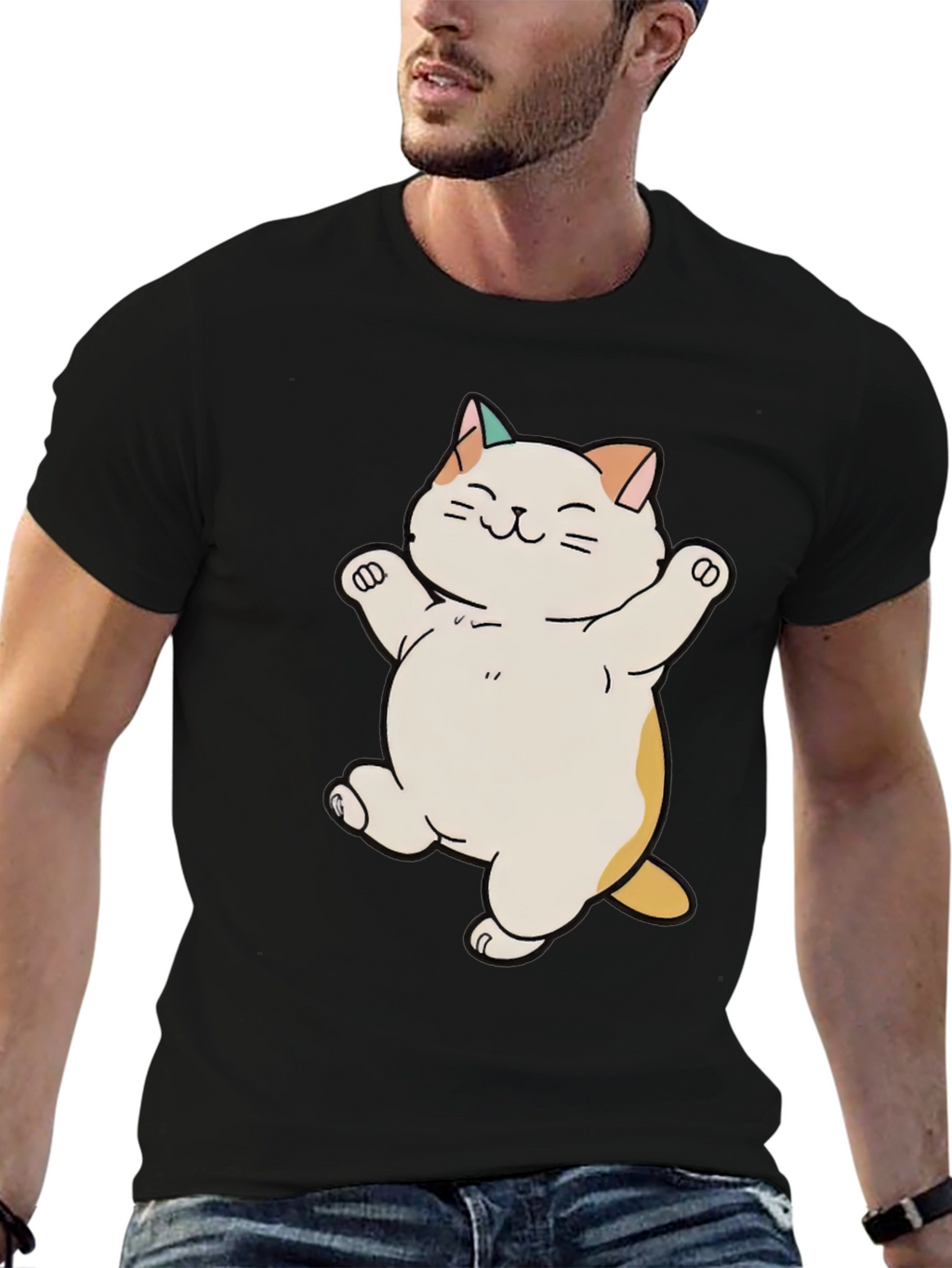Cute Cat Cartoon Black T-Shirt