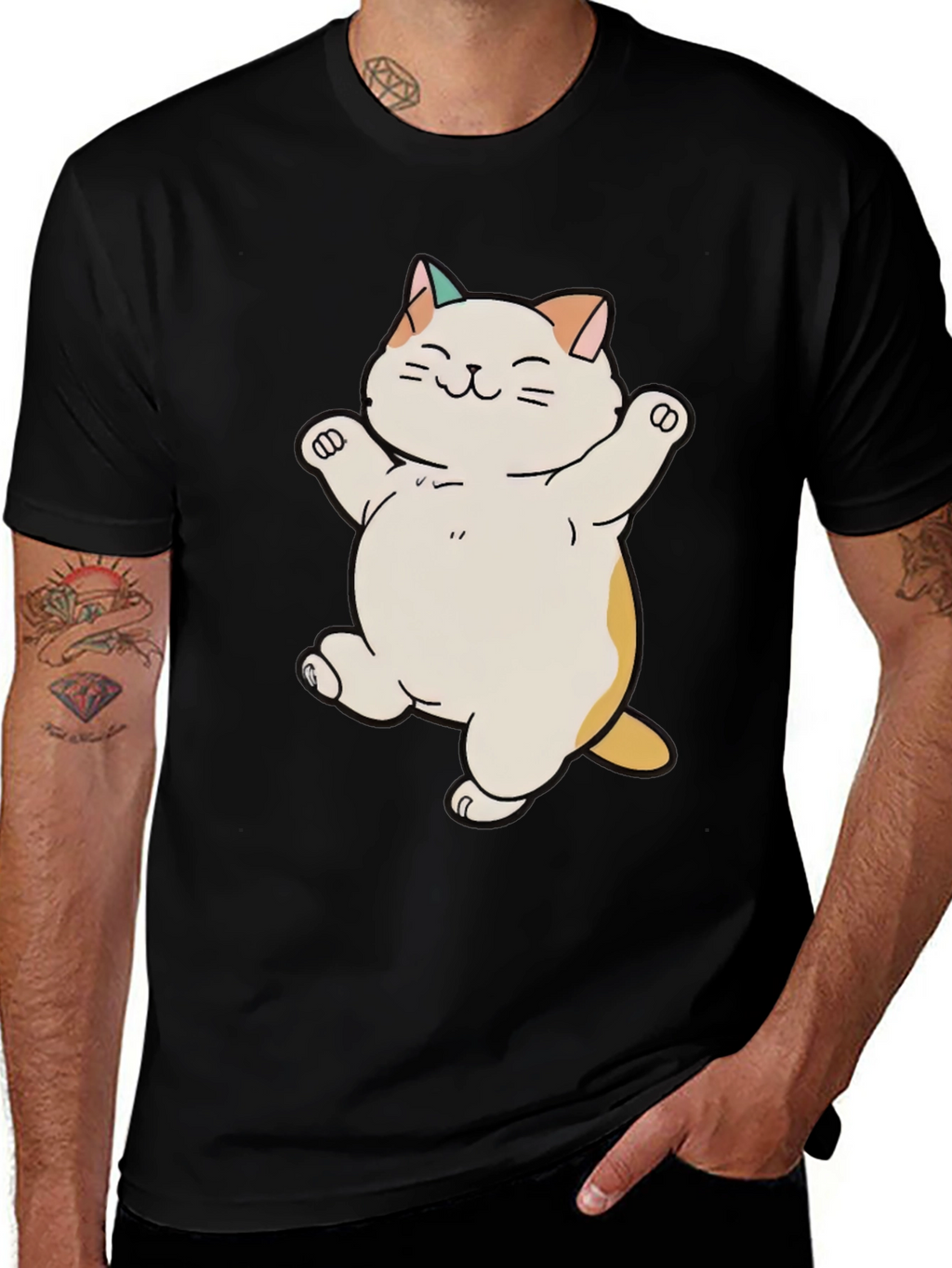 Cute Cat Cartoon Black T-Shirt