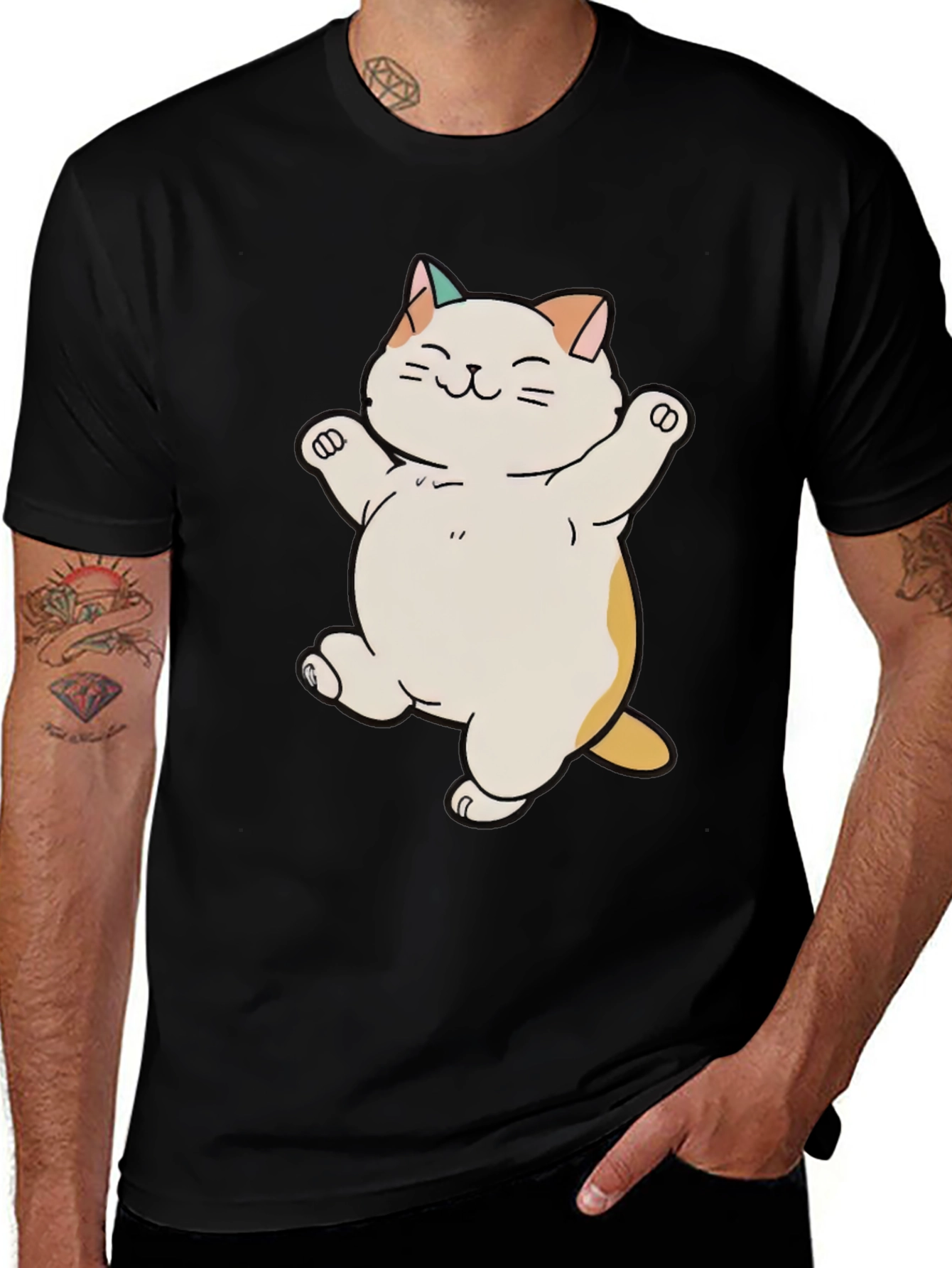 Cute Cat Cartoon Black T-Shirt