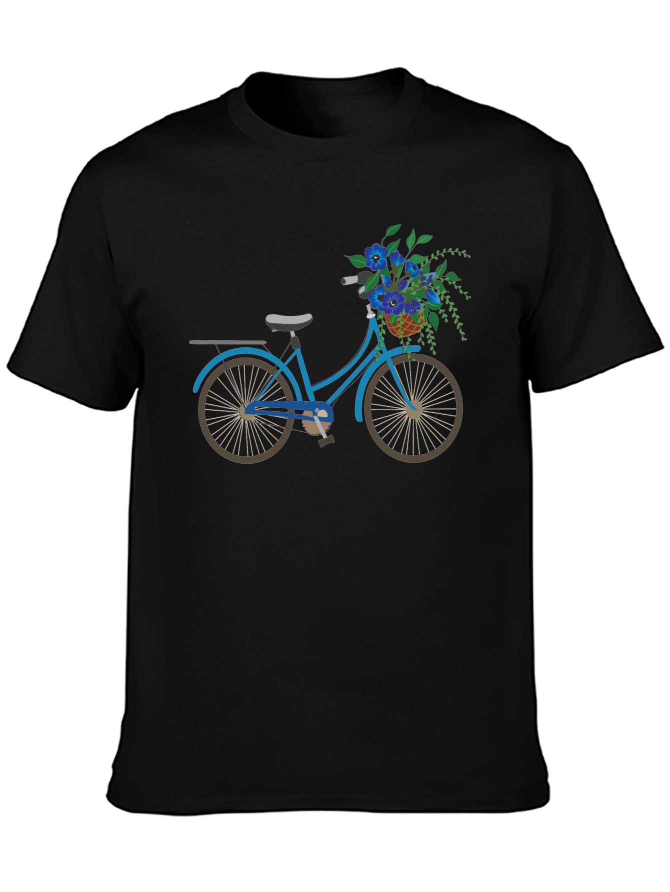 Blue Bicycle & Flowers Black Graphic T-Shirt