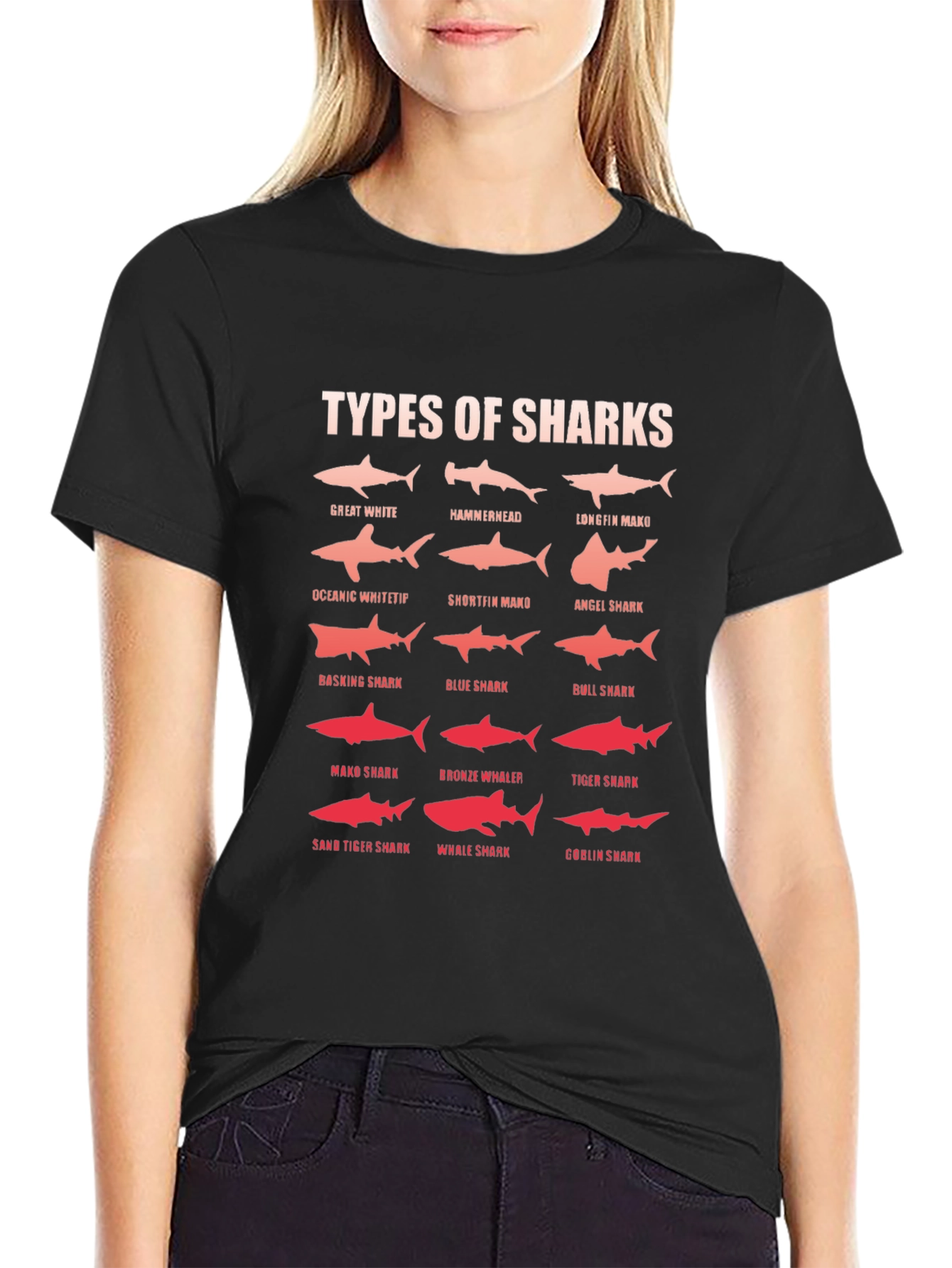 Types of Sharks Graphic Print Black T-Shirt