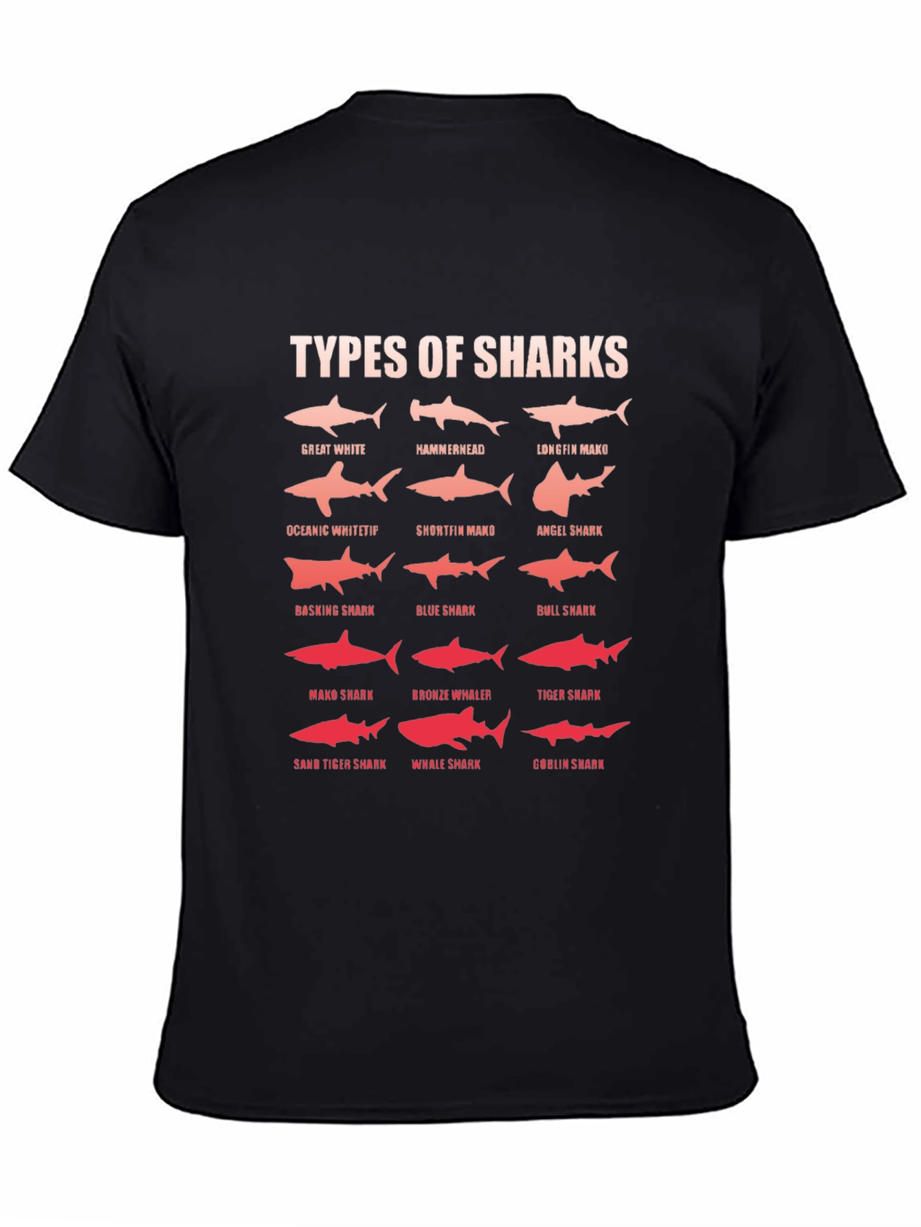 Types of Sharks Graphic Print Black T-Shirt