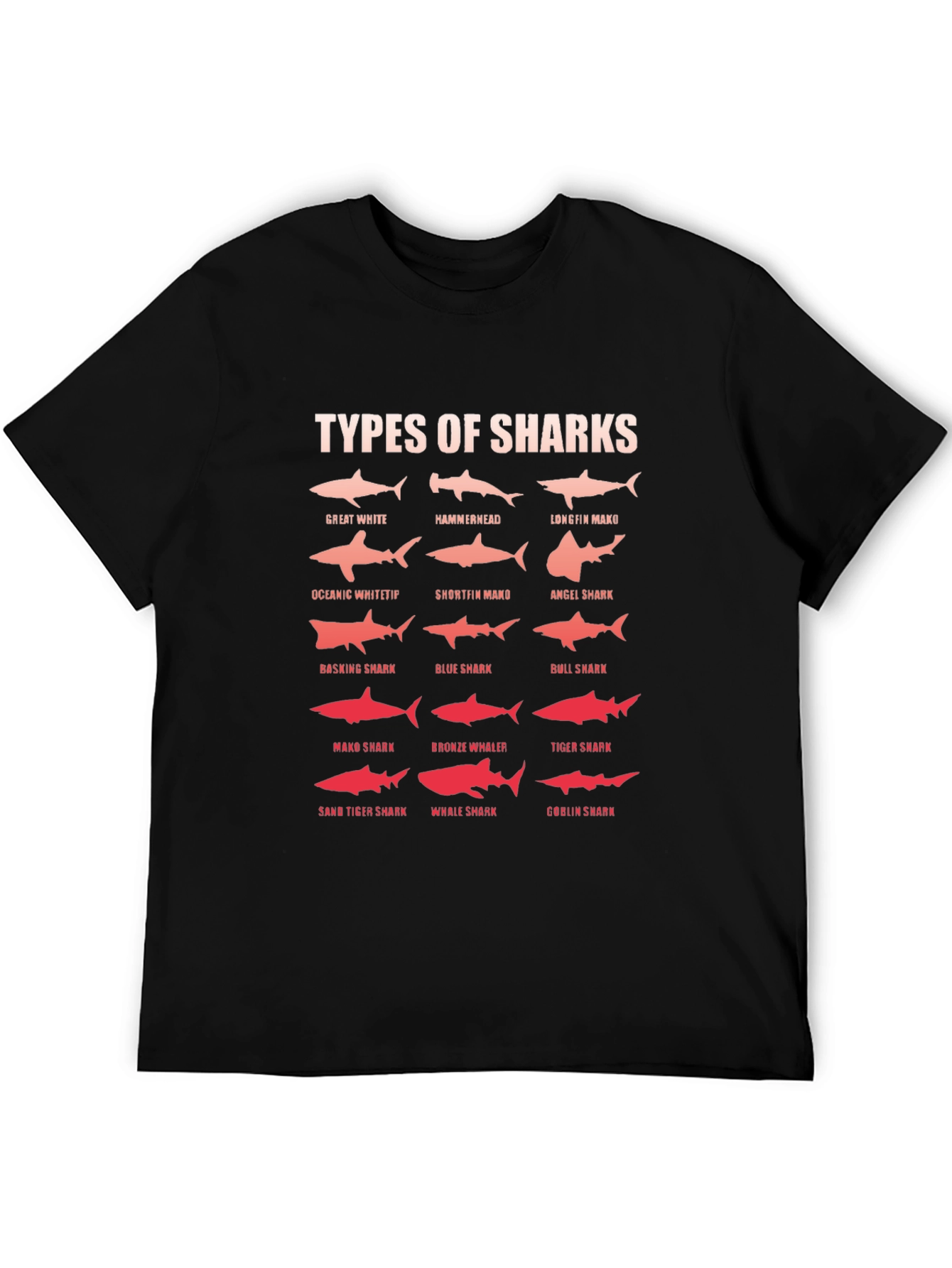 Types of Sharks Graphic Print Black T-Shirt
