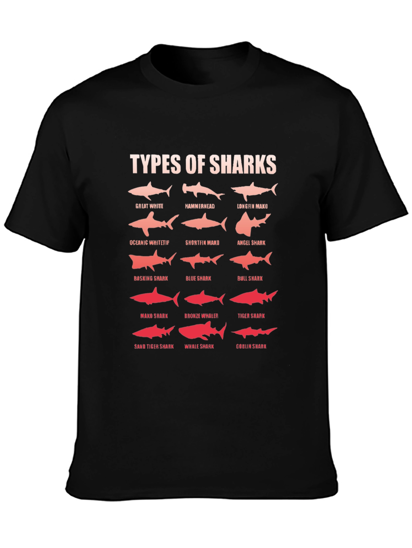 Types of Sharks Graphic Print Black T-Shirt