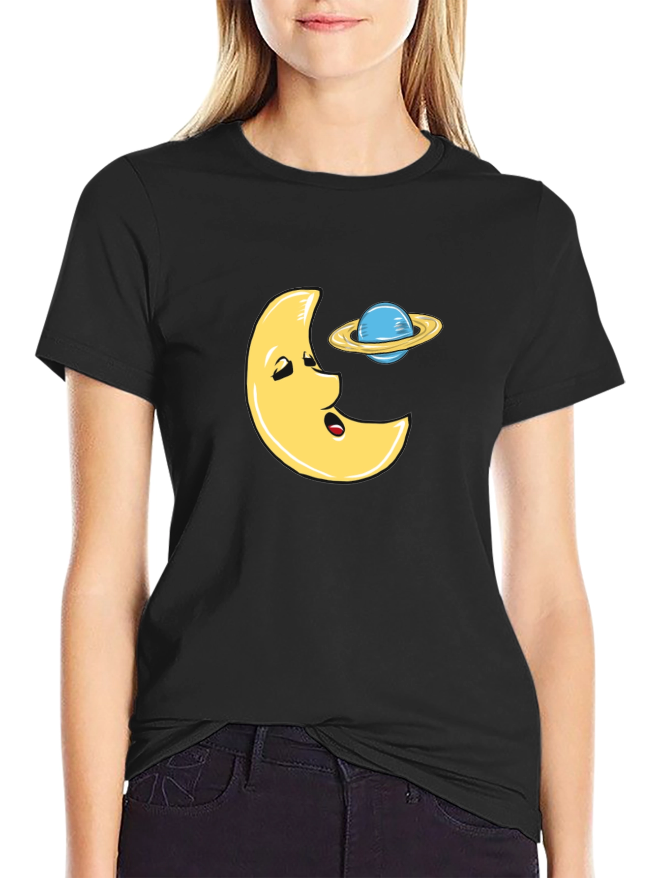 Funny Moon and Planet Black T-Shirt