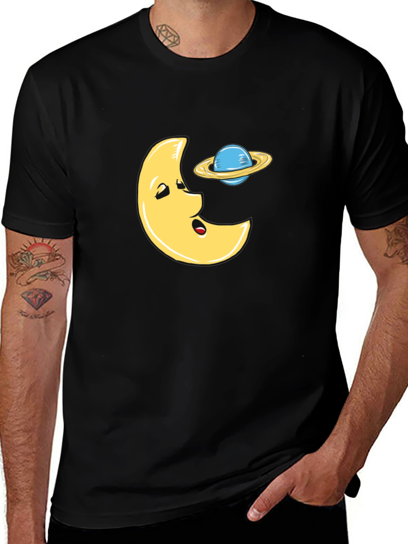 Funny Moon and Planet Black T-Shirt