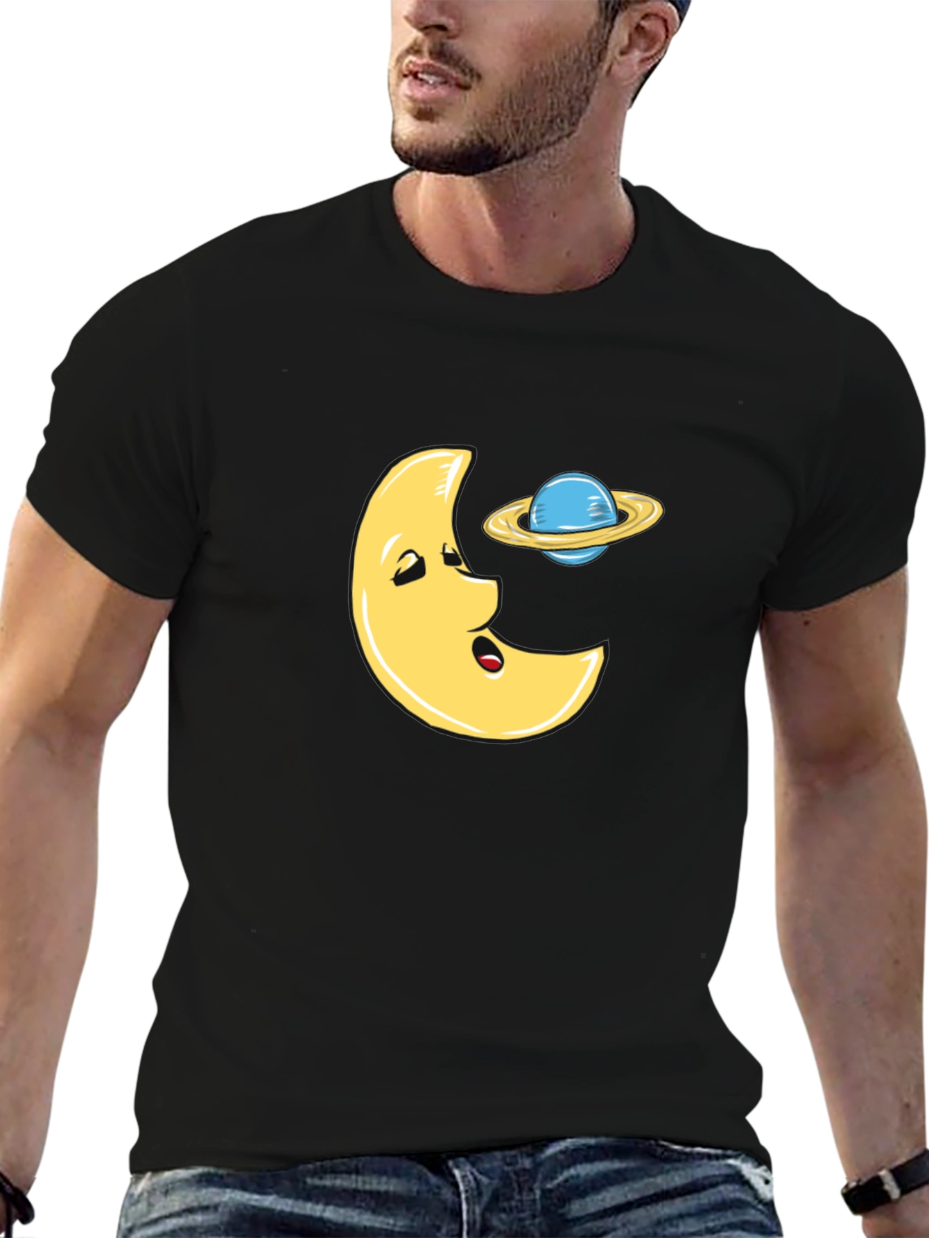 Funny Moon and Planet Black T-Shirt
