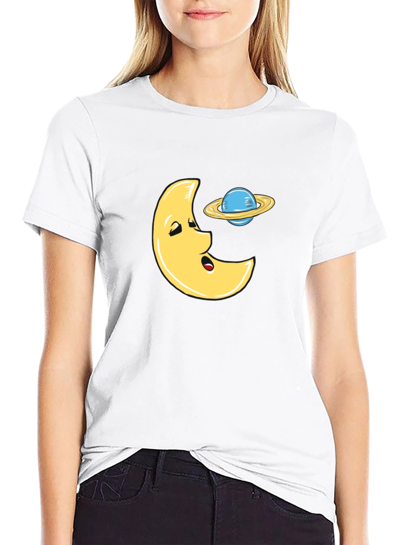 Funny Moon and Planet Black T-Shirt