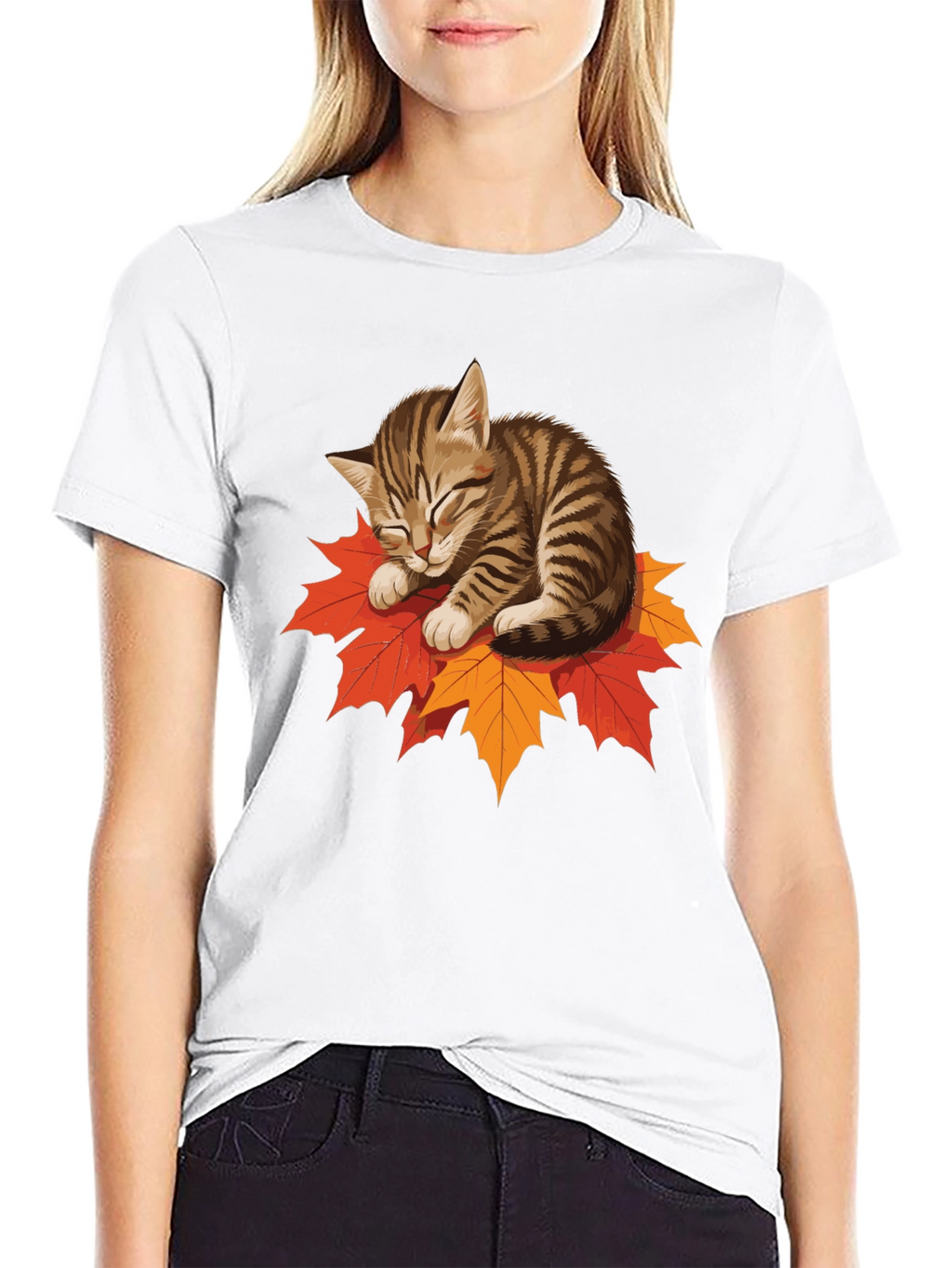 Cute Cat on Leaves Graphic Tee