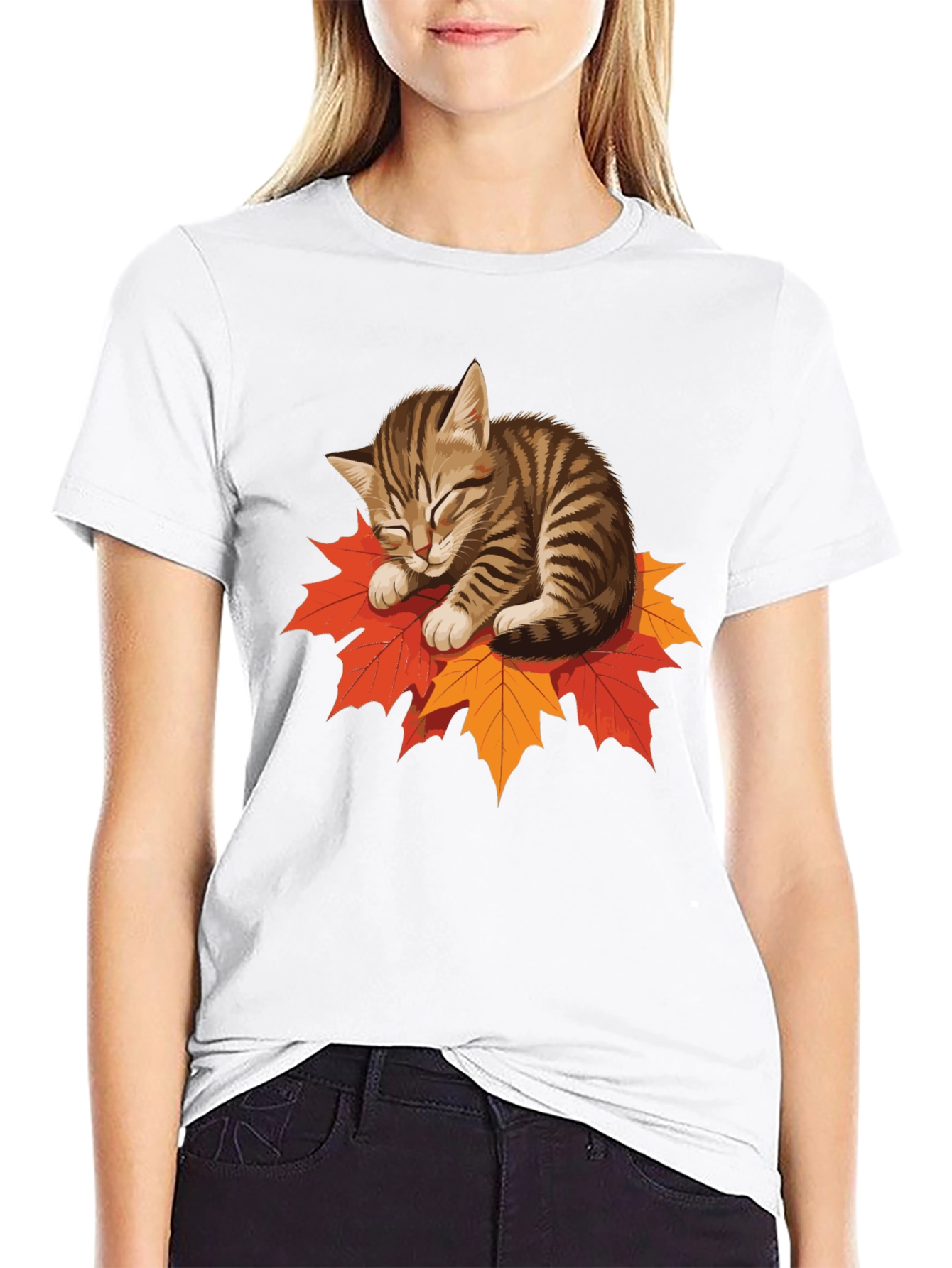 Cute Cat on Leaves Graphic Tee