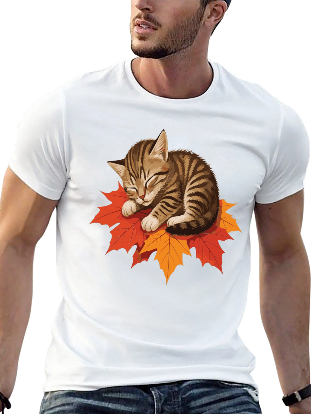 Cute Cat on Leaves Graphic Tee