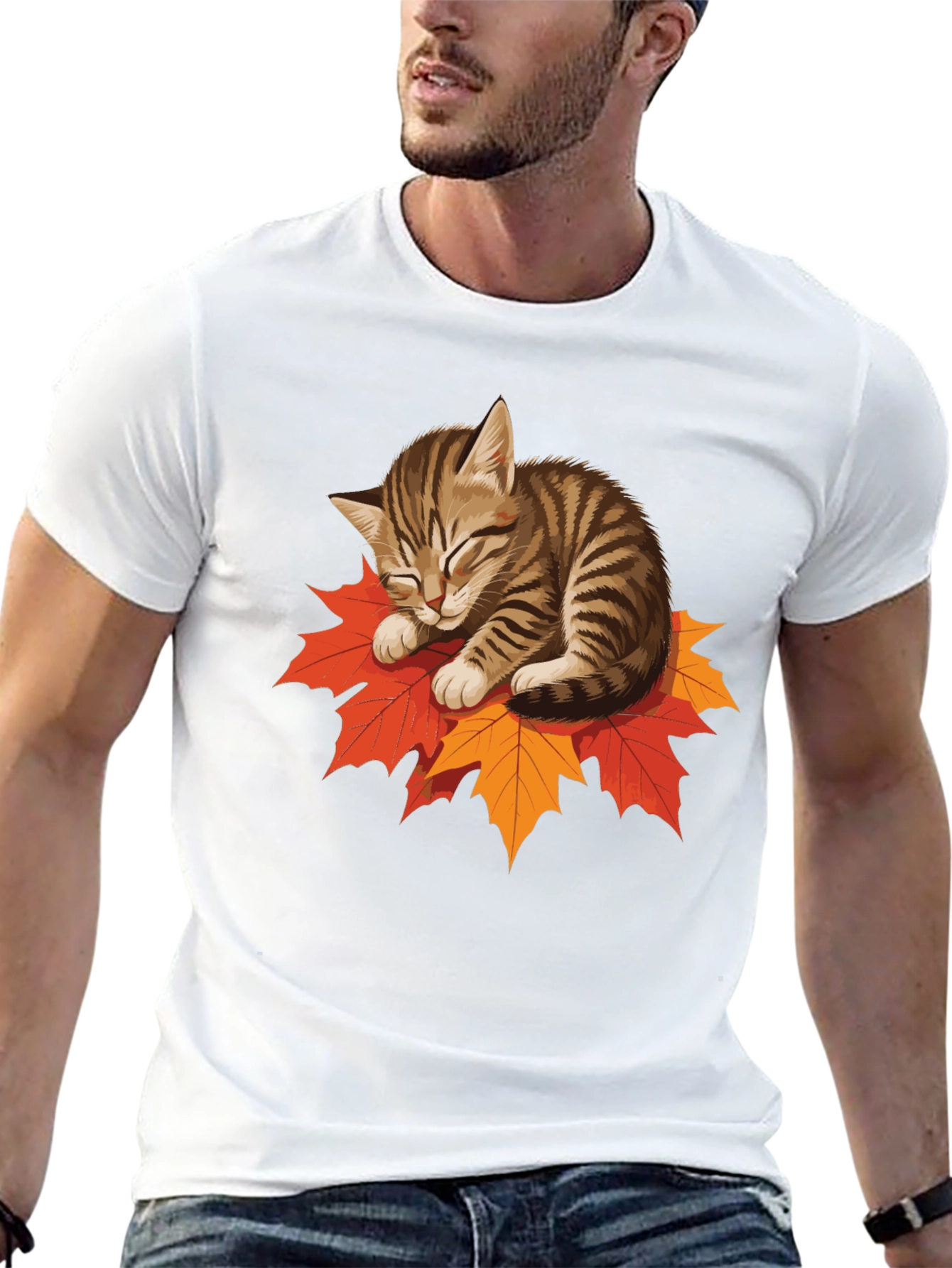 Cute Cat on Leaves Graphic Tee