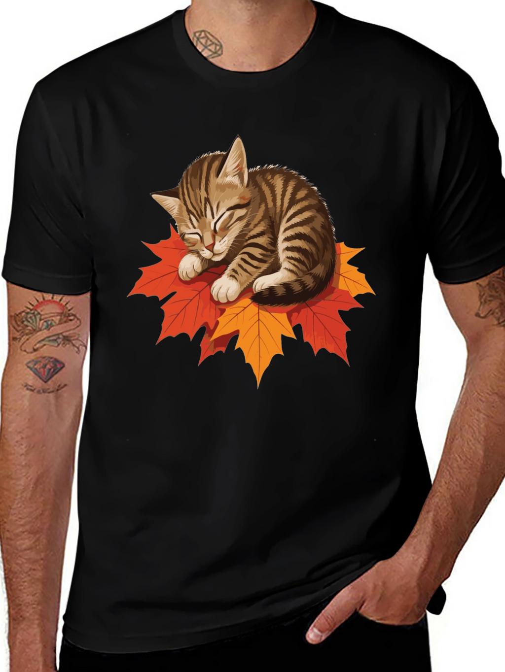 Cute Cat on Leaves Graphic Tee