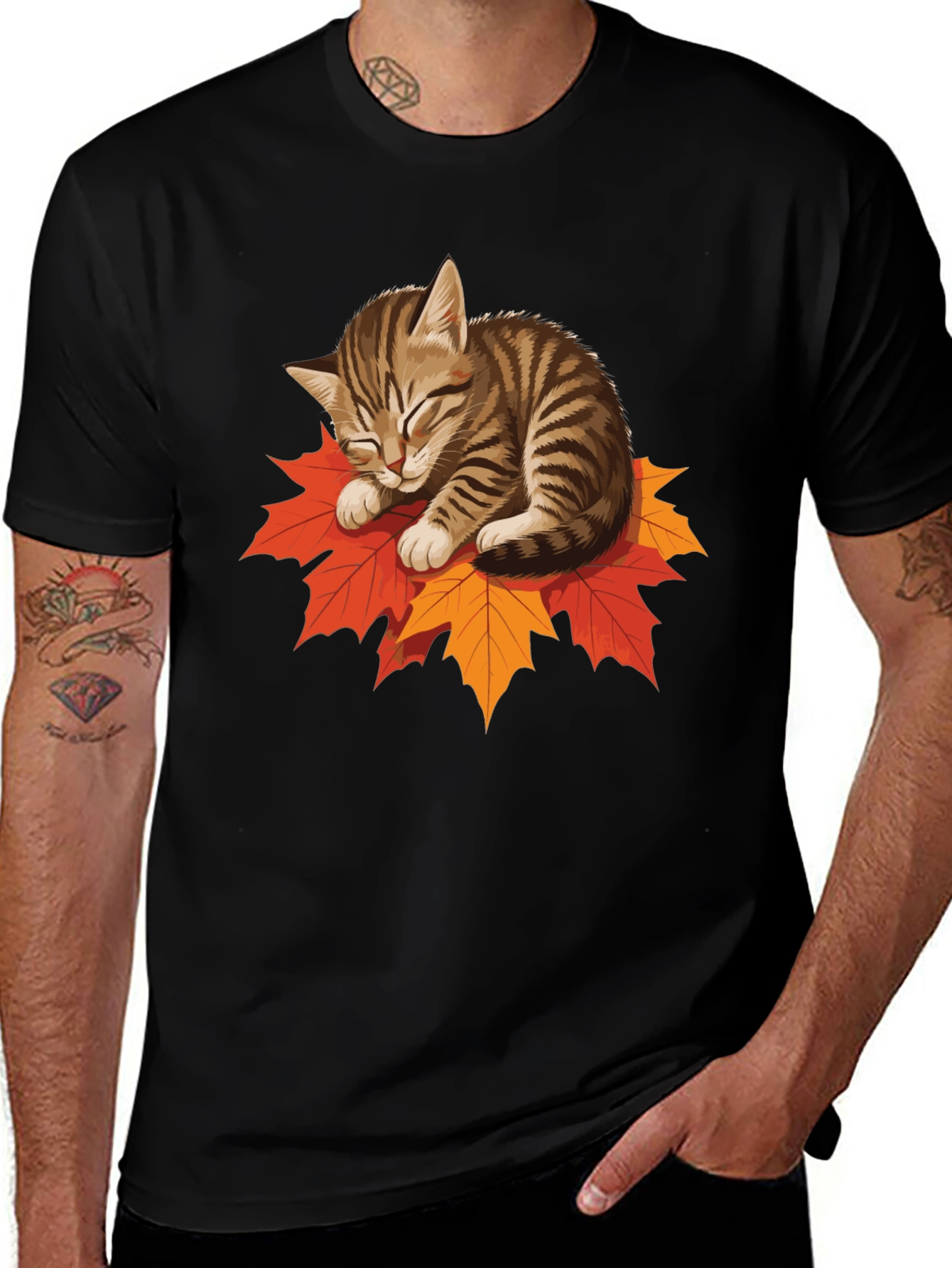 Cute Cat on Leaves Graphic Tee