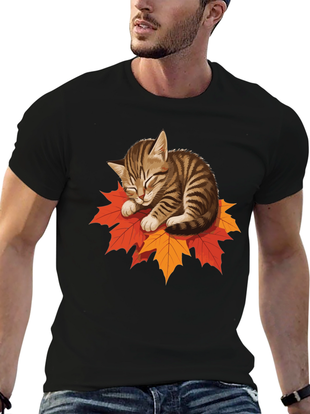Cute Cat on Leaves Graphic Tee