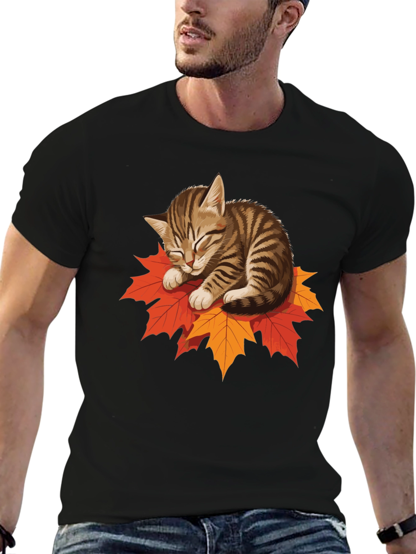 Cute Cat on Leaves Graphic Tee