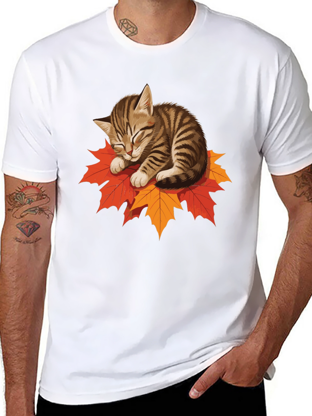 Cute Cat on Leaves Graphic Tee