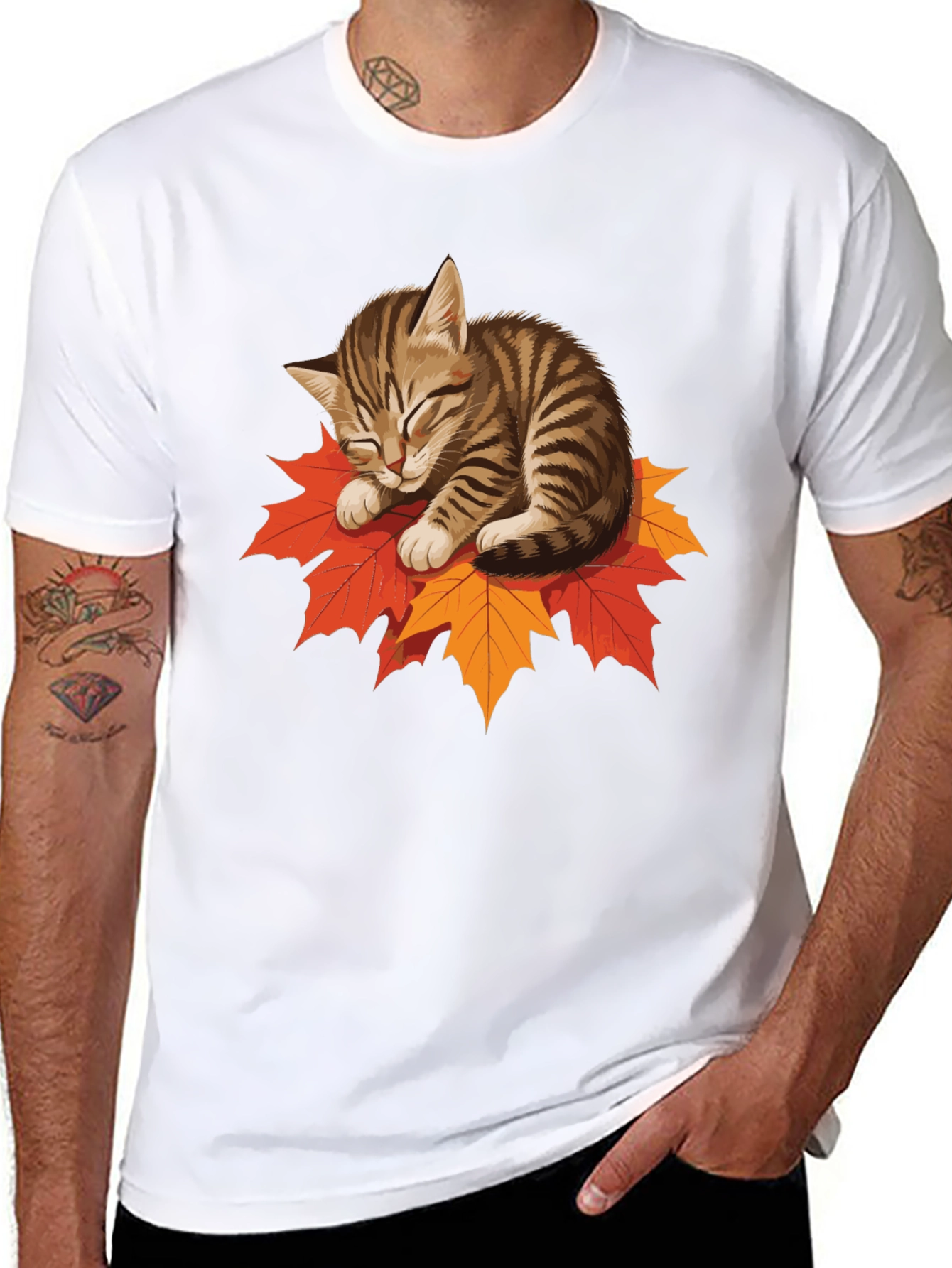 Cute Cat on Leaves Graphic Tee