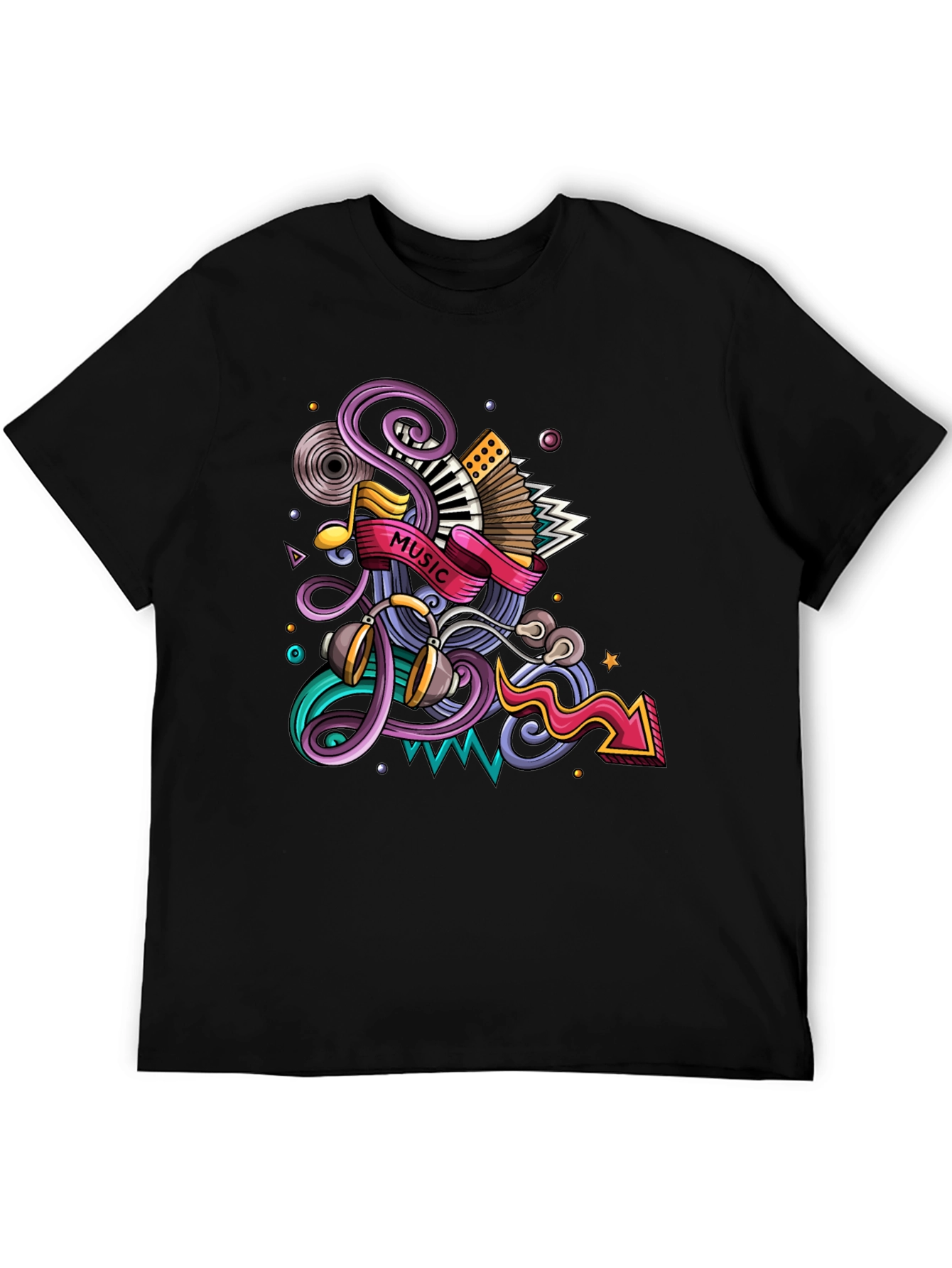 Music Mania Graphic Tee - Black Cotton Comfort