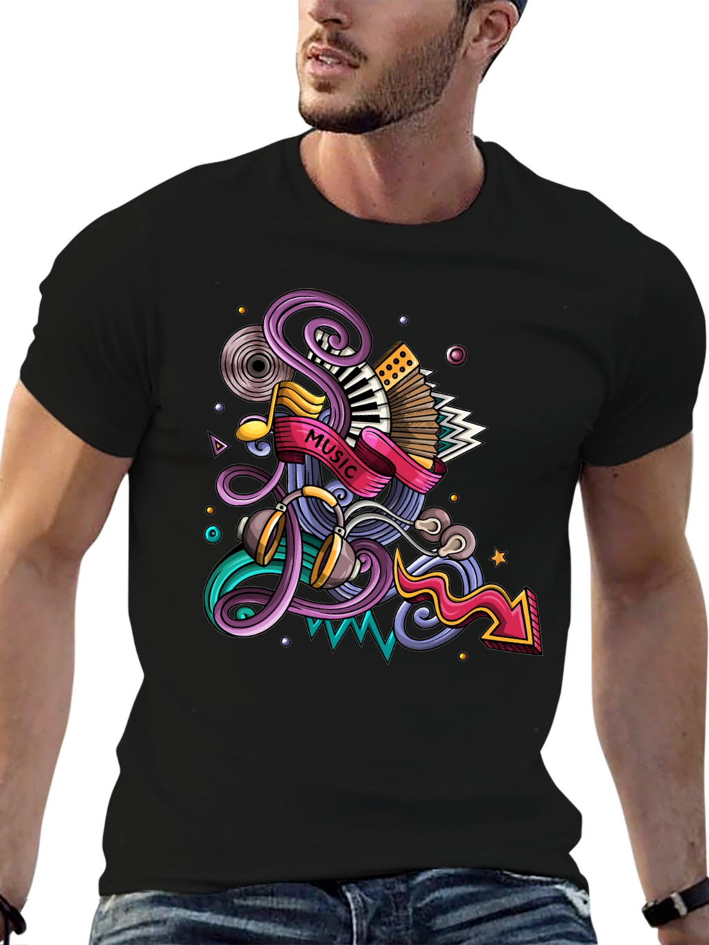 Music Mania Graphic Tee - Black Cotton Comfort