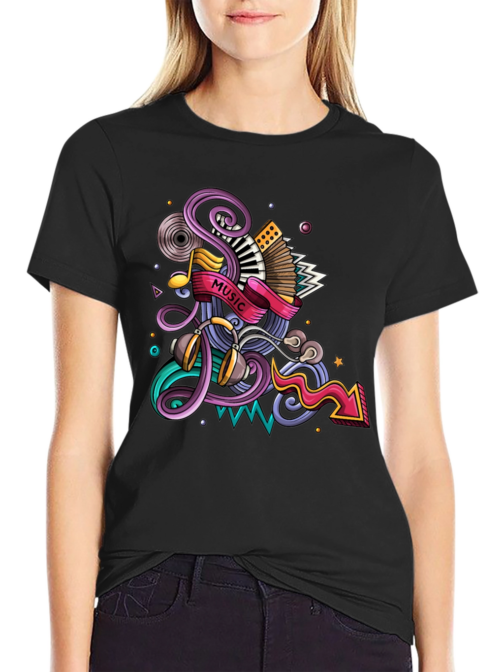Music Mania Graphic Tee - Black Cotton Comfort