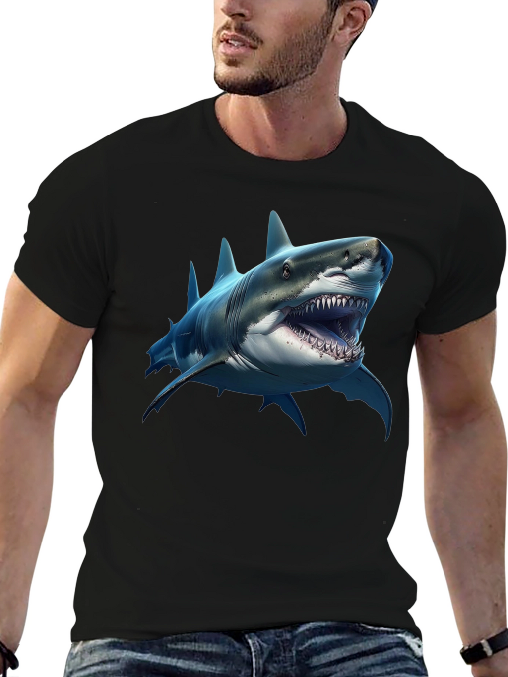 Shark Graphic Print Black Crew Neck T-Shirt