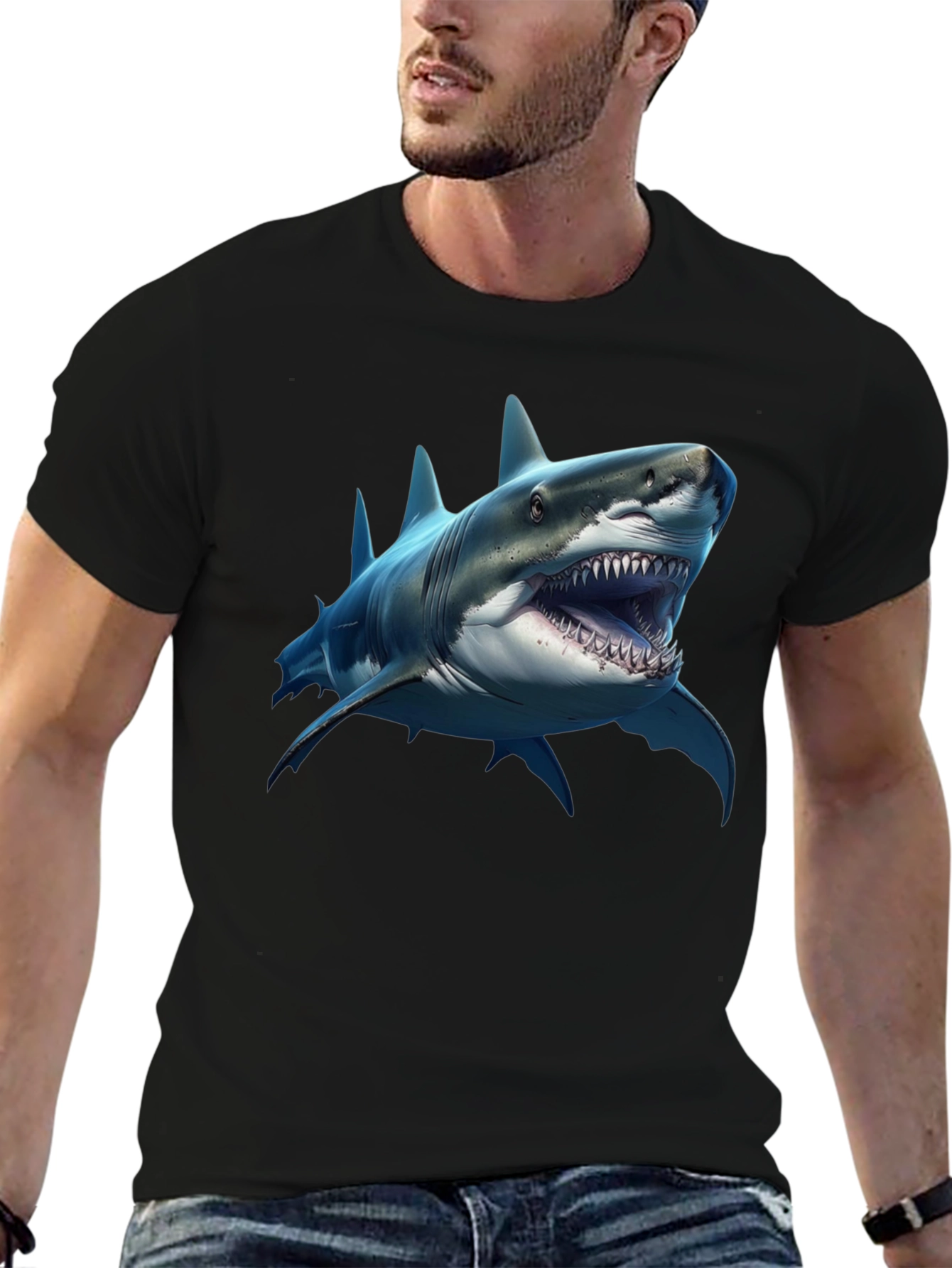 Shark Graphic Print Black Crew Neck T-Shirt