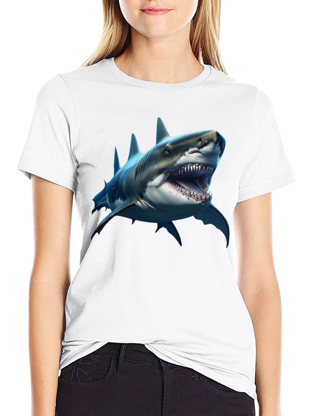 Shark Graphic Print Black Crew Neck T-Shirt