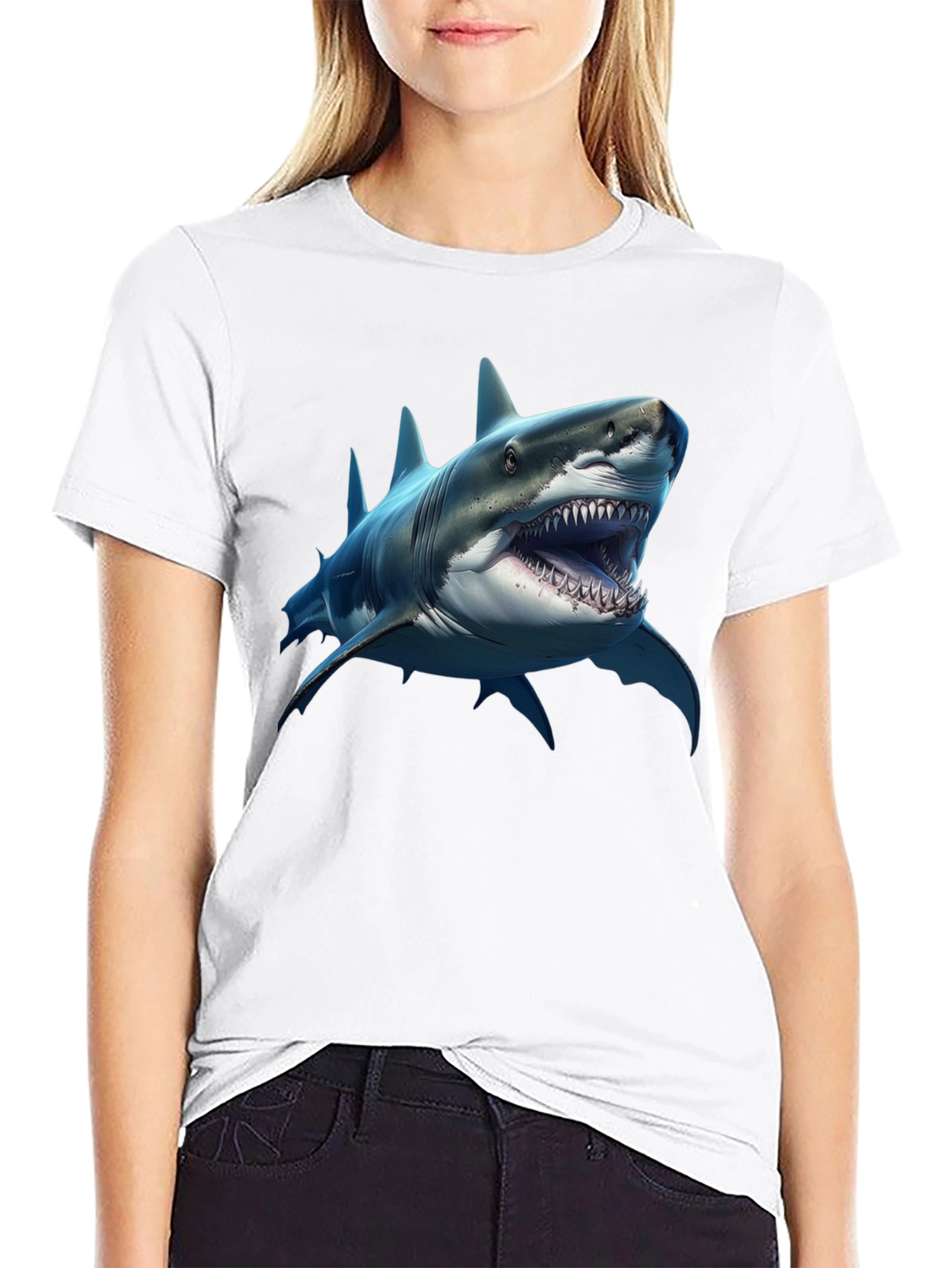 Shark Graphic Print Black Crew Neck T-Shirt
