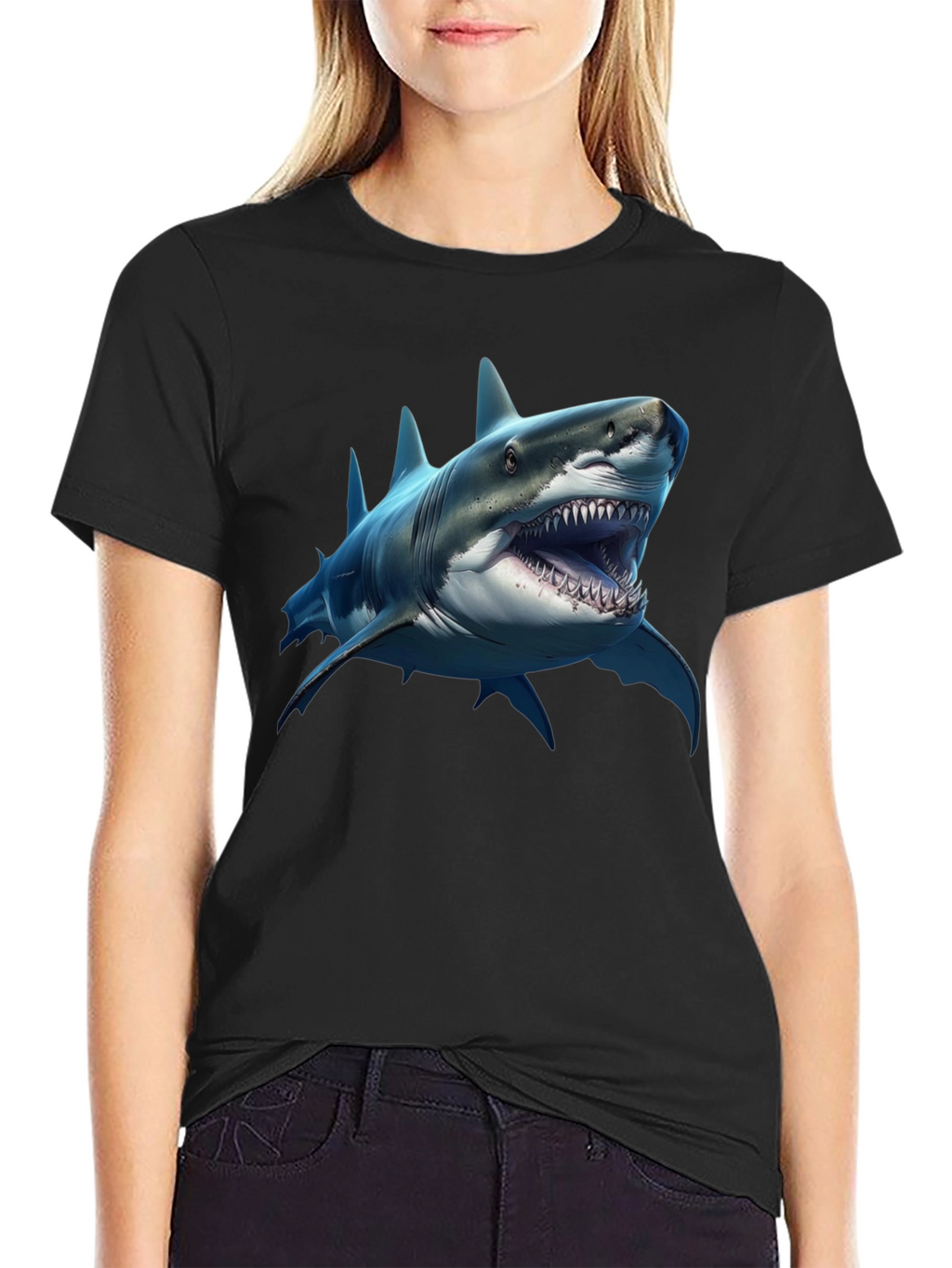 Shark Graphic Print Black Crew Neck T-Shirt
