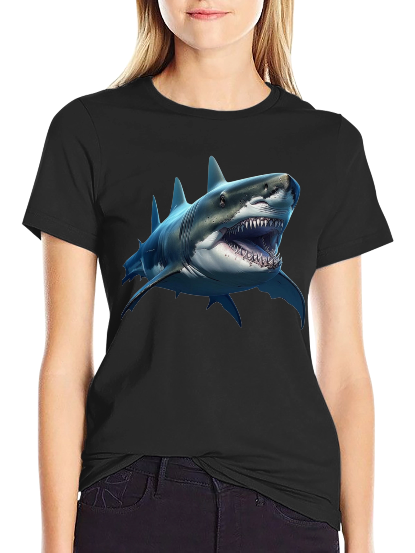 Shark Graphic Print Black Crew Neck T-Shirt