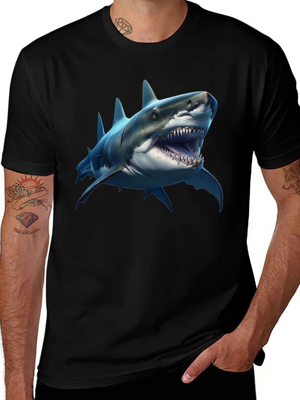 Shark Graphic Print Black Crew Neck T-Shirt