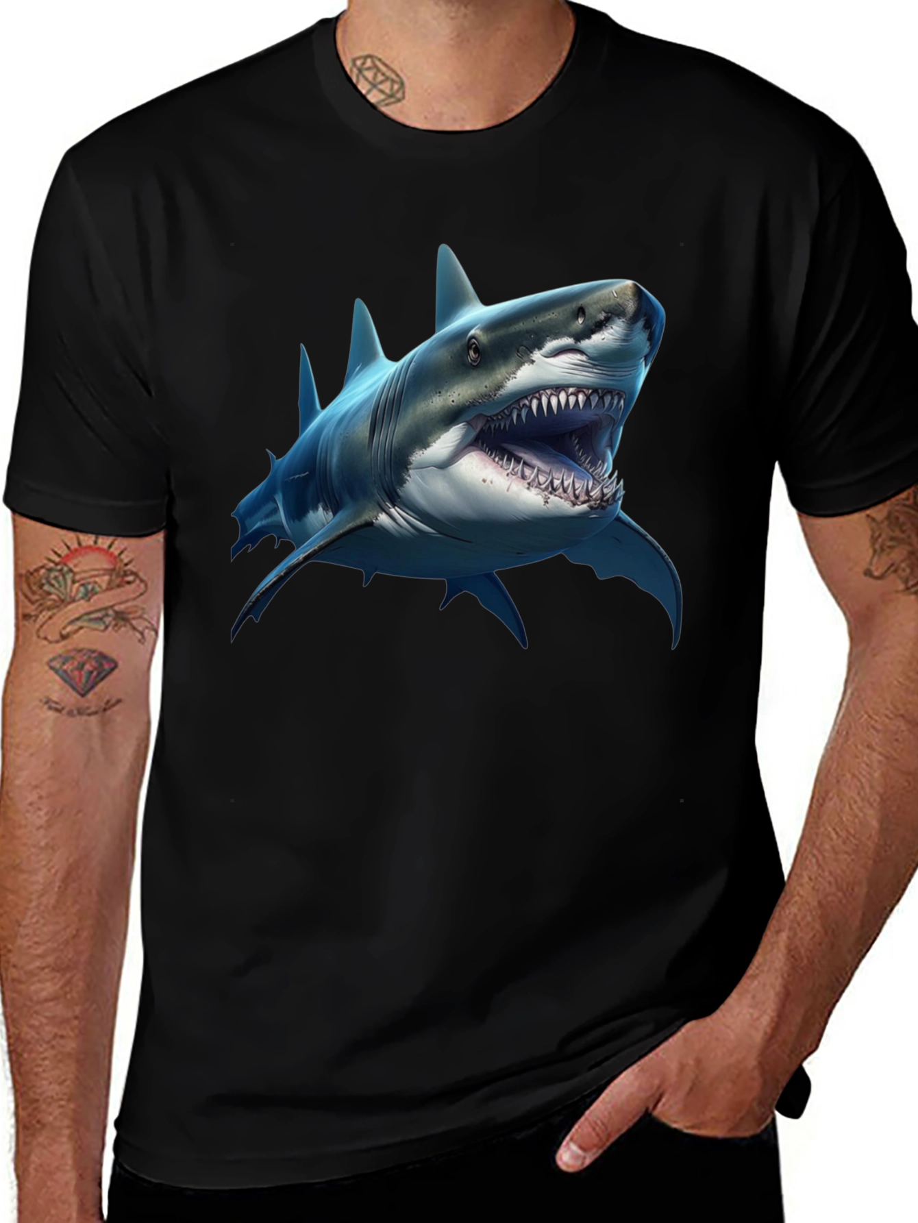 Shark Graphic Print Black Crew Neck T-Shirt