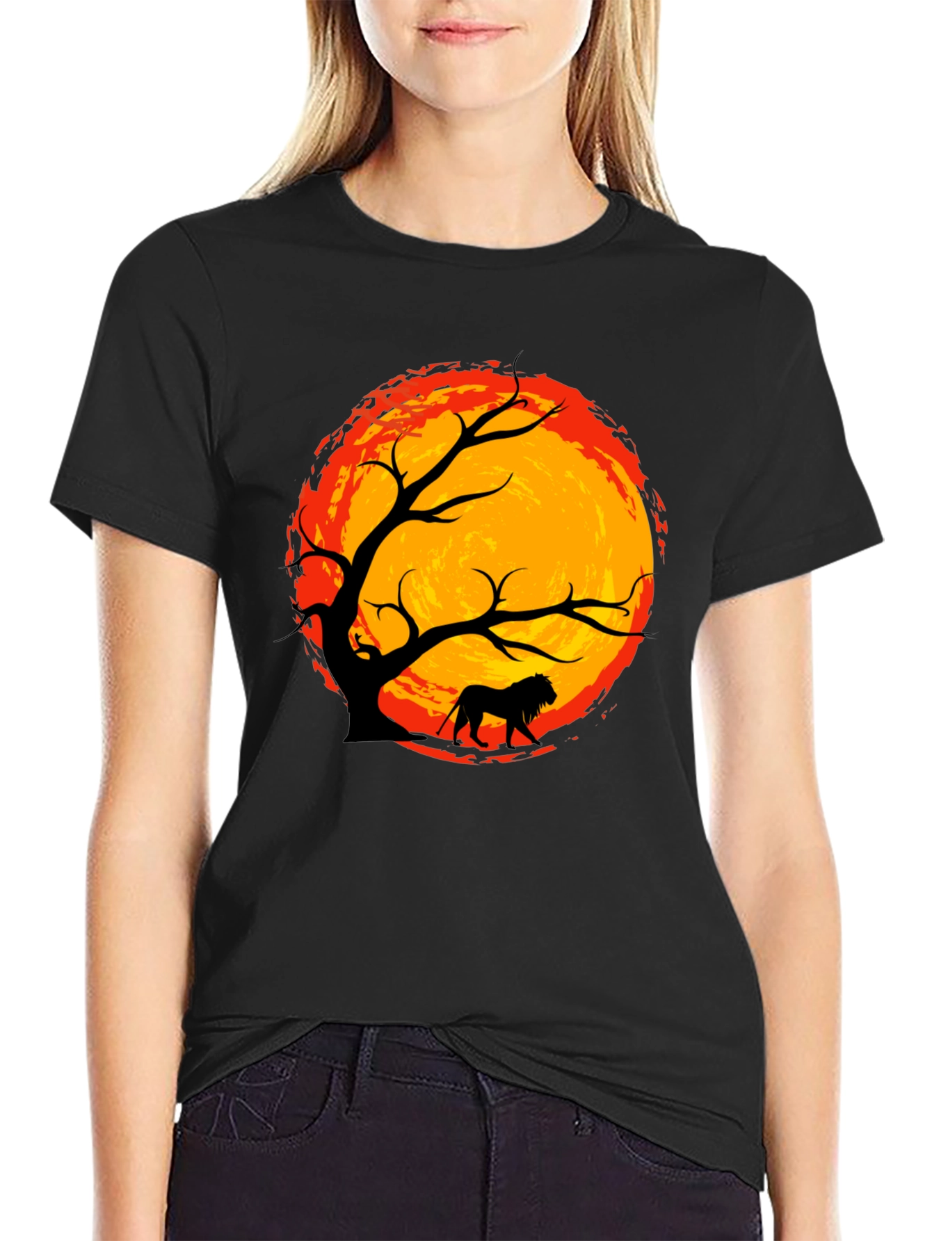 Lion Silhouette Tree Graphic Tee - Black