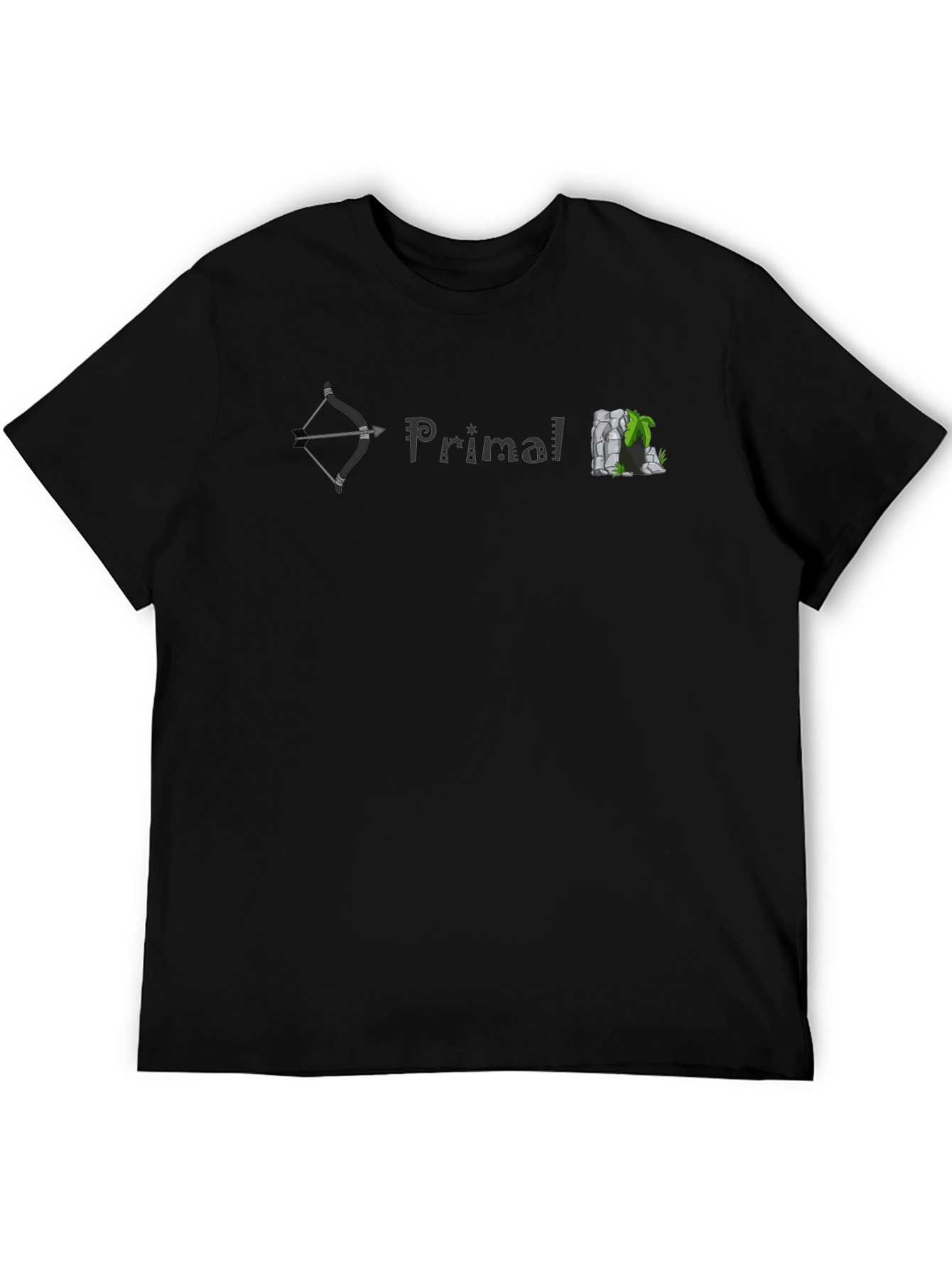 Primal T-Shirt: Bow Text & Rock Cave Design - Soft Cotton Tee