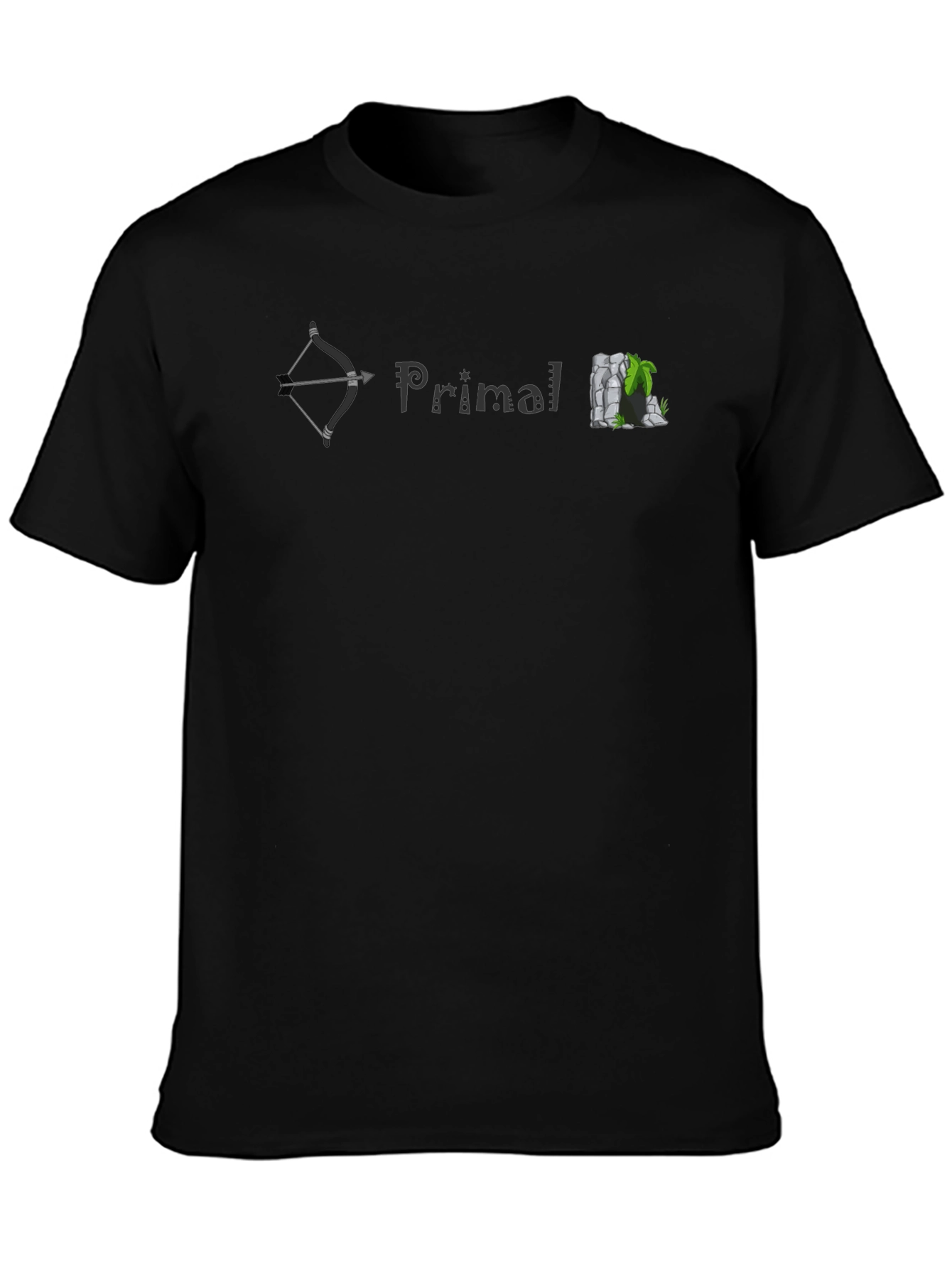 Primal T-Shirt: Bow Text & Rock Cave Design - Soft Cotton Tee