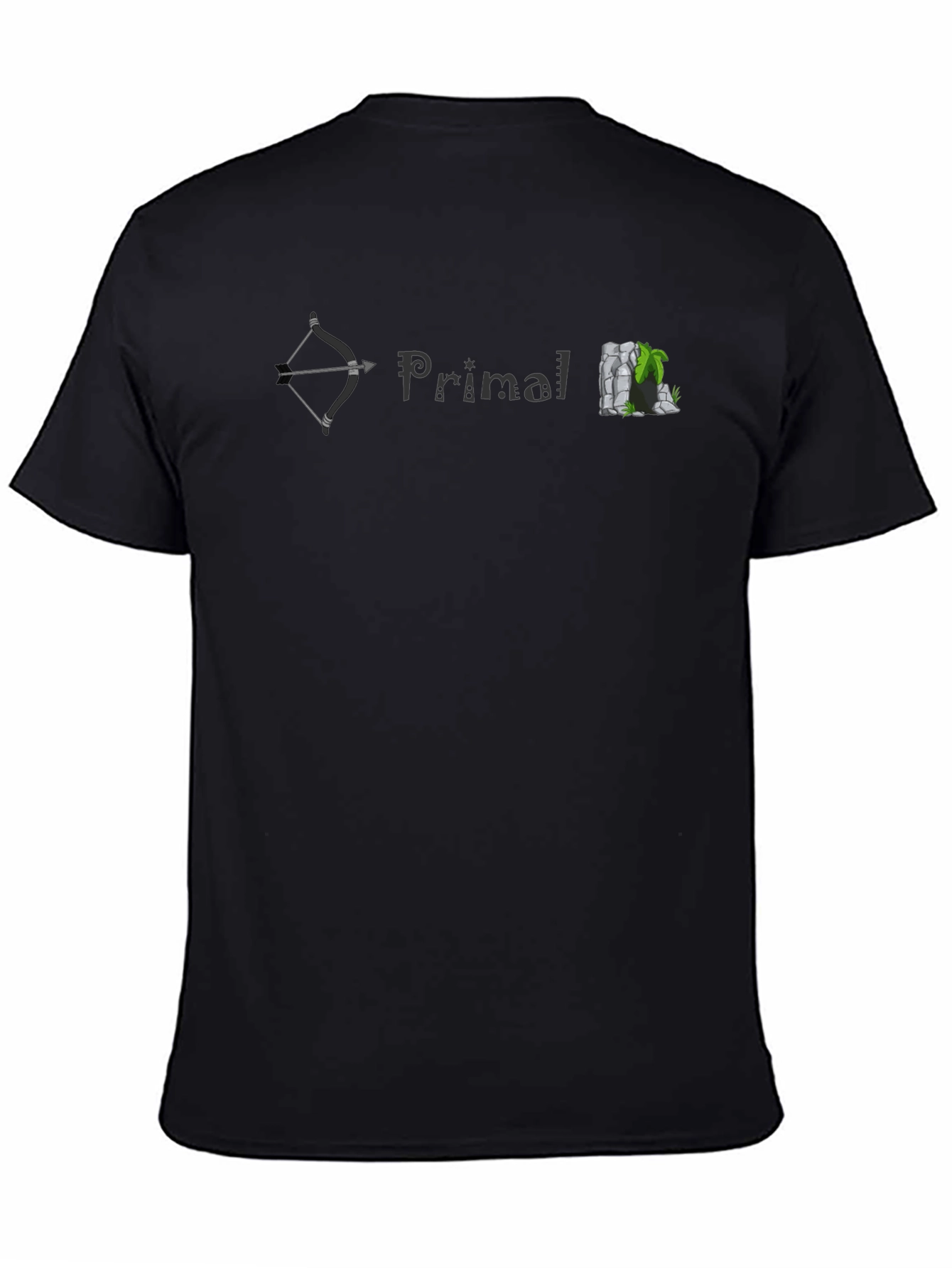 Primal T-Shirt: Bow Text & Rock Cave Design - Soft Cotton Tee