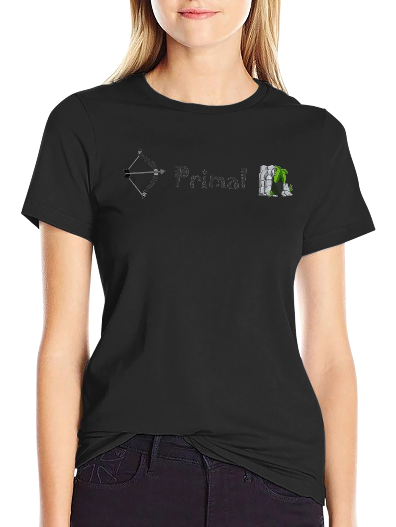 Primal T-Shirt: Bow Text & Rock Cave Design - Soft Cotton Tee