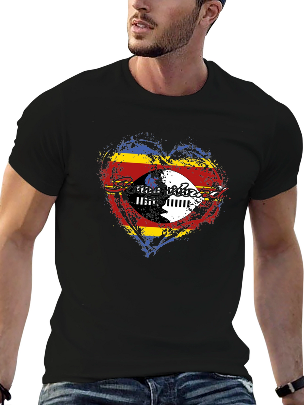Eswatini Flag Heart Graphic T-Shirt - Black