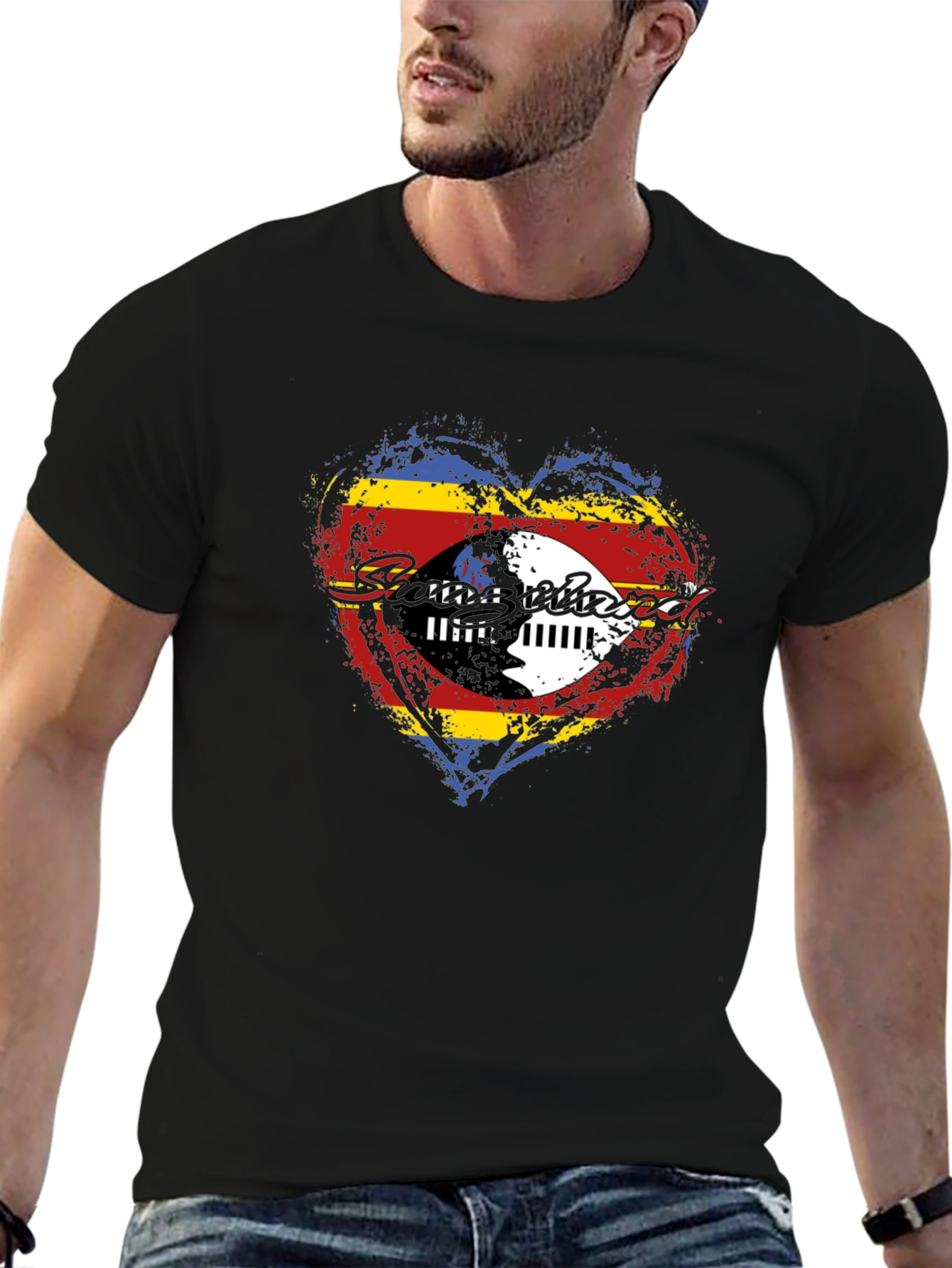 Eswatini Flag Heart Graphic T-Shirt - Black