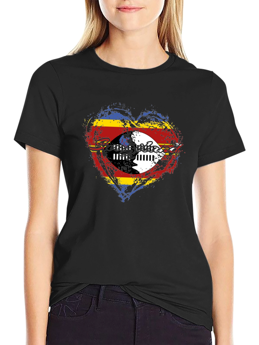 Eswatini Flag Heart Graphic T-Shirt - Black