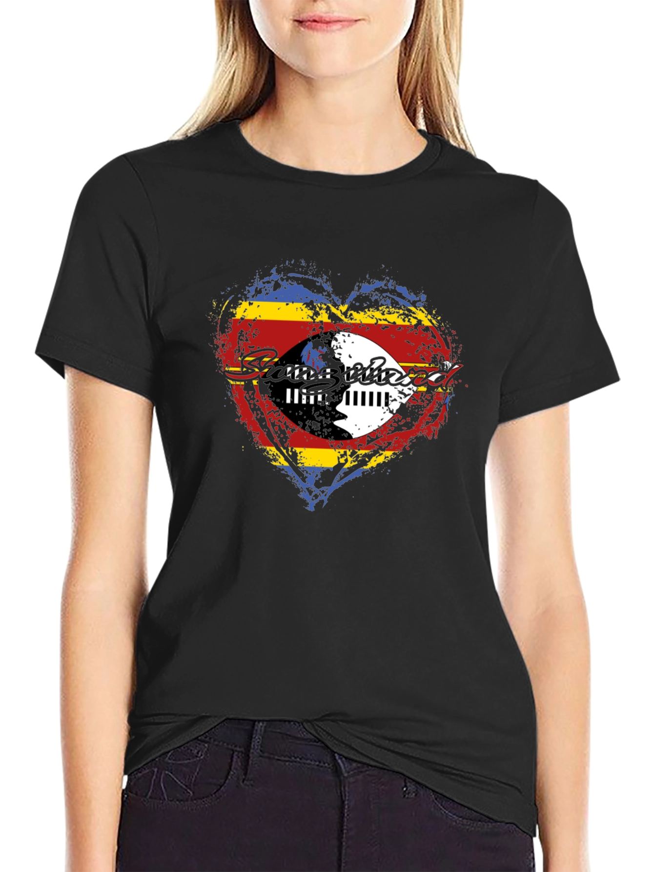 Eswatini Flag Heart Graphic T-Shirt - Black