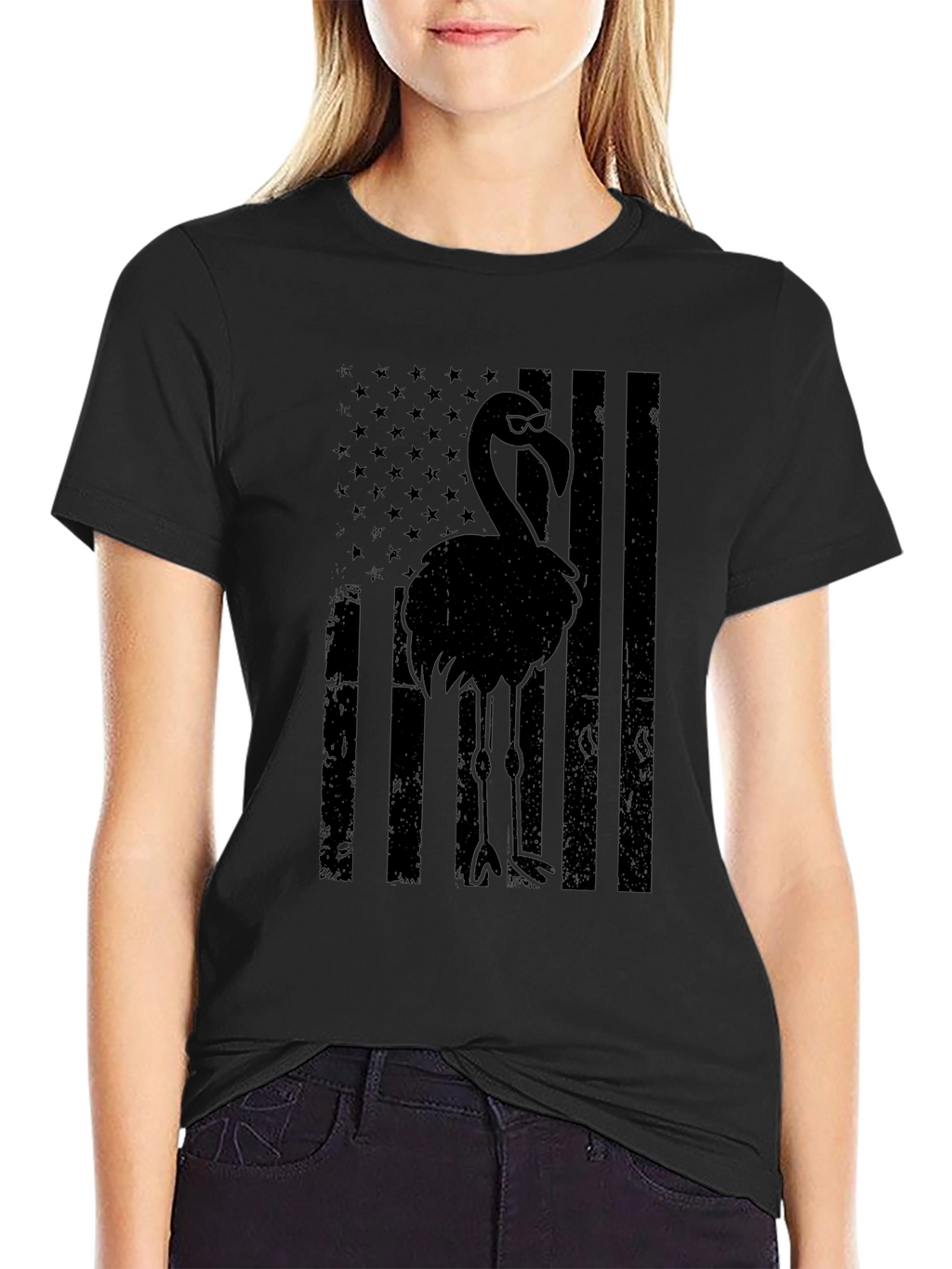 Black Flamingo American Flag Graphic Tee