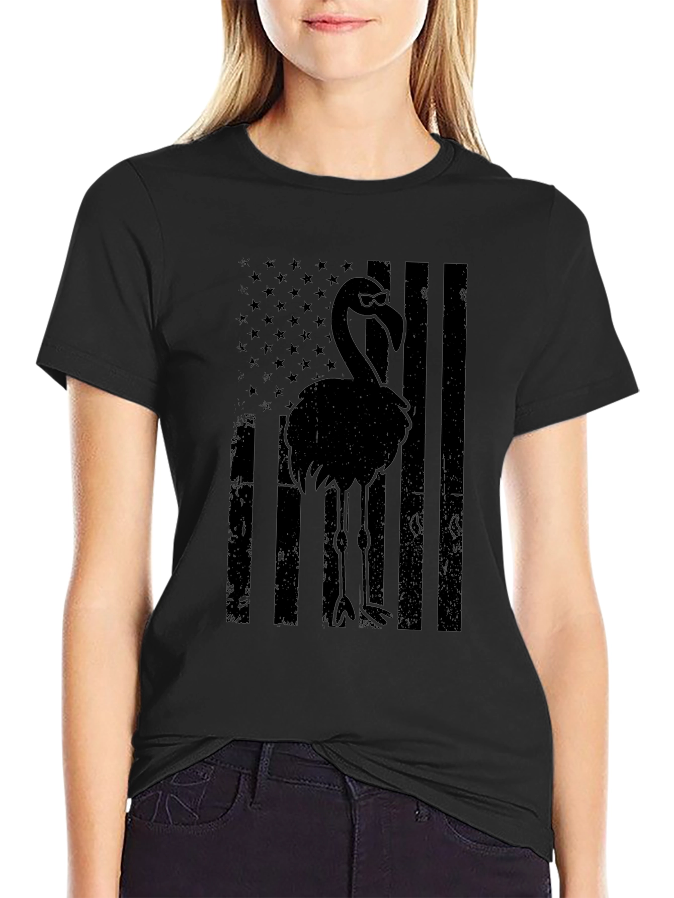 Black Flamingo American Flag Graphic Tee