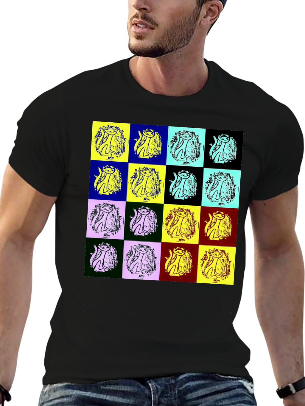 Pop Art Cat Graphic Black T-Shirt