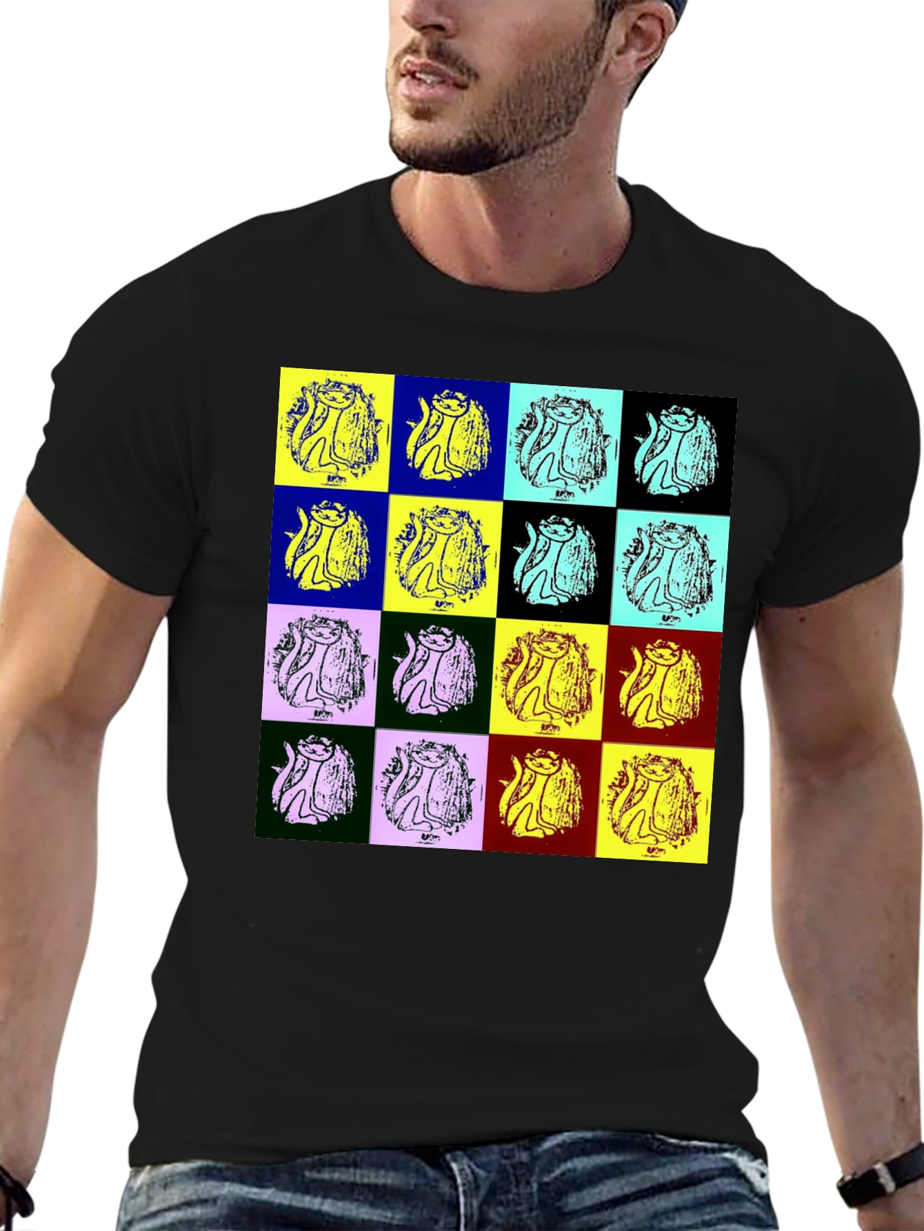 Pop Art Cat Graphic Black T-Shirt