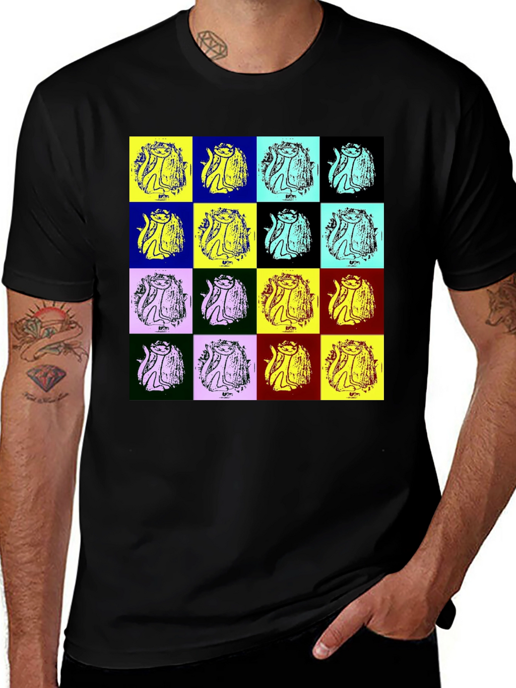 Pop Art Cat Graphic Black T-Shirt