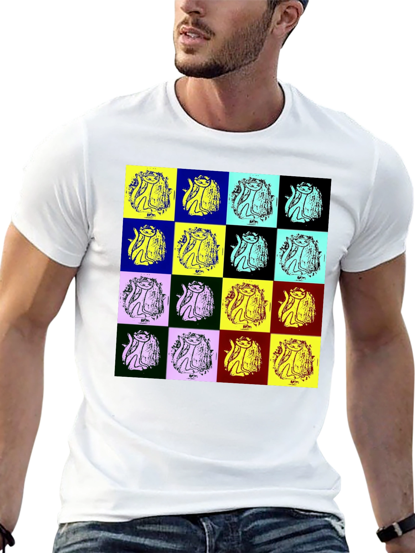 Pop Art Cat Graphic Black T-Shirt